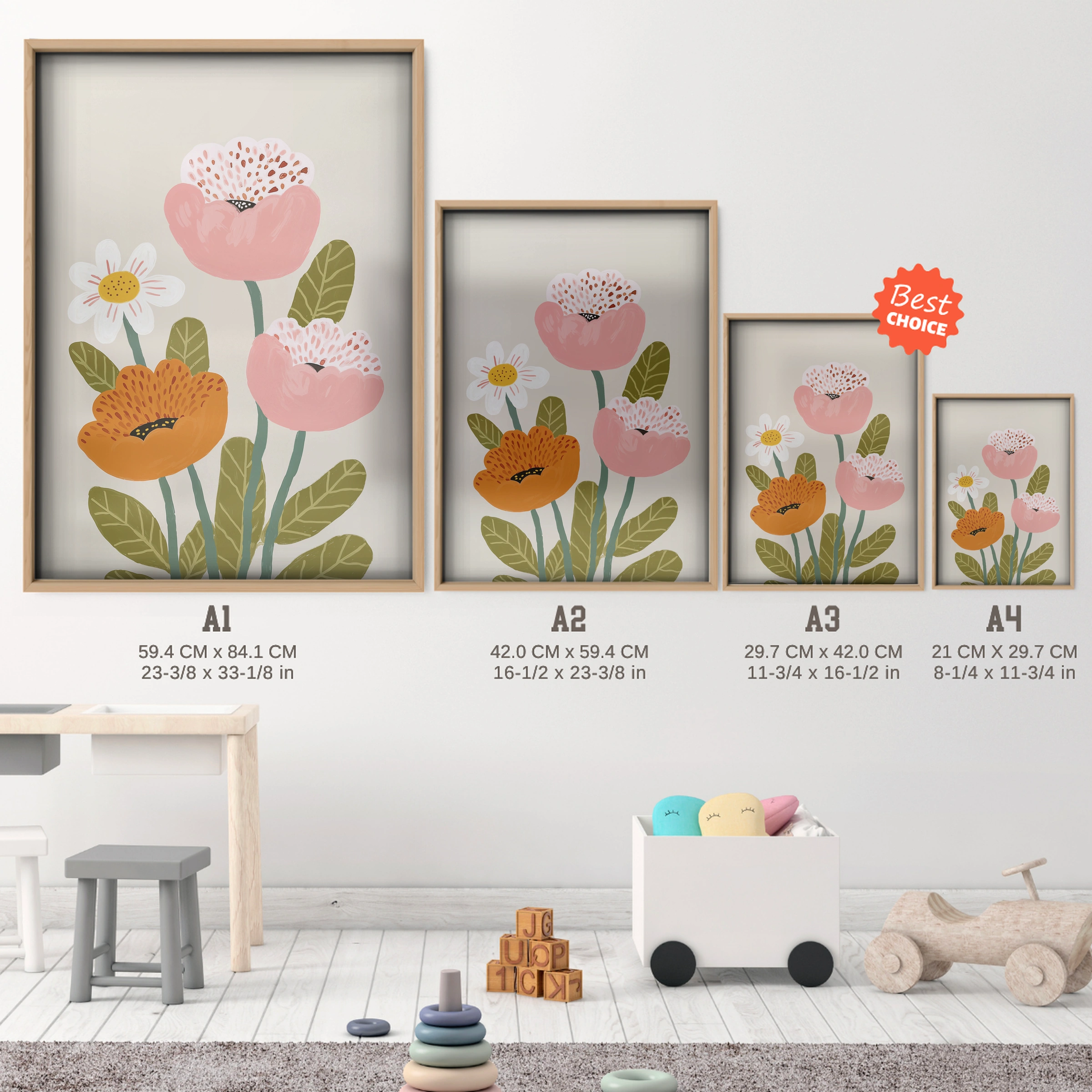 Poppy Blooms Nursery Print - size guide A4 A3 A2 A1 nursery print