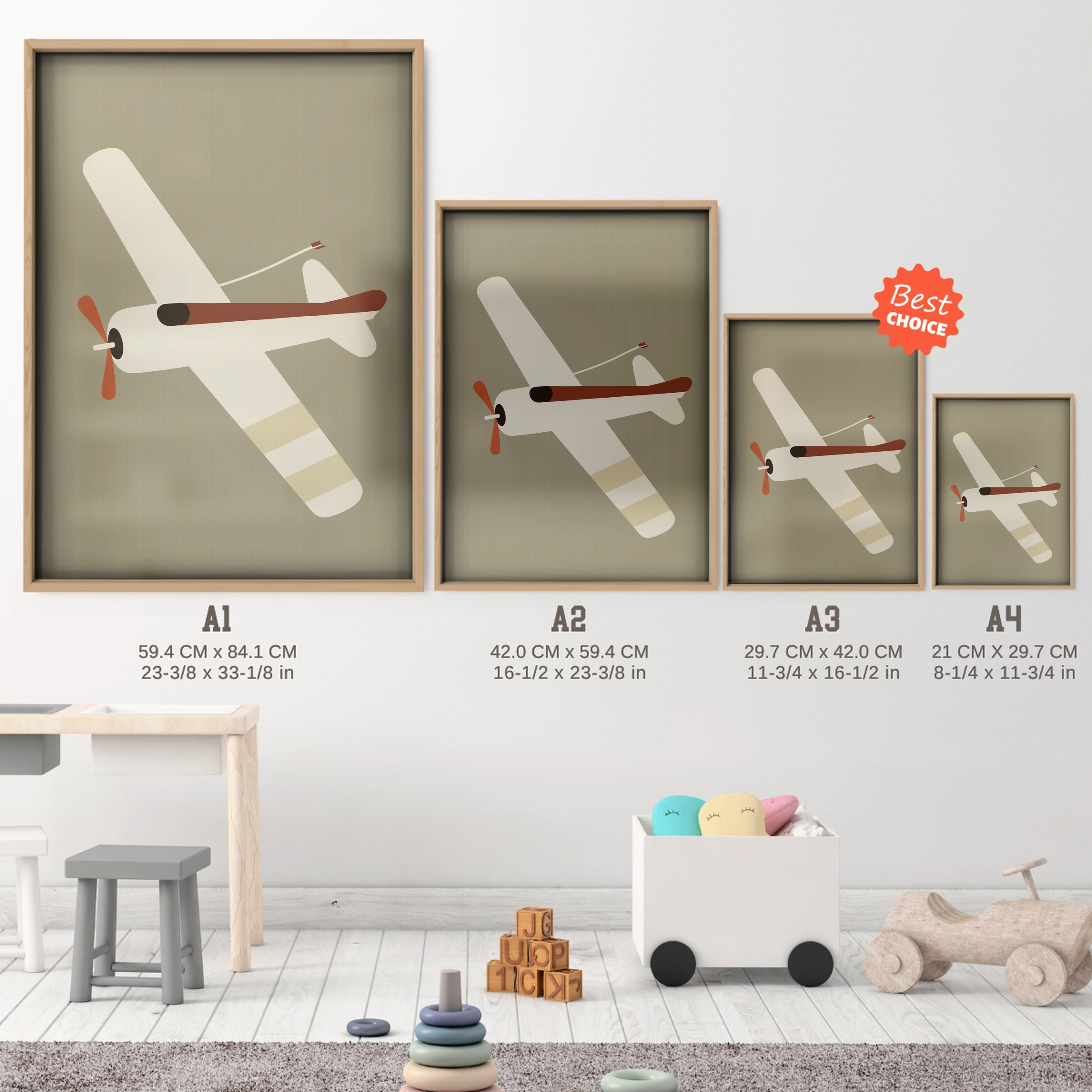 Propeller Plane Nursery Print - size guide A4 A3 A2 A1 nursery print