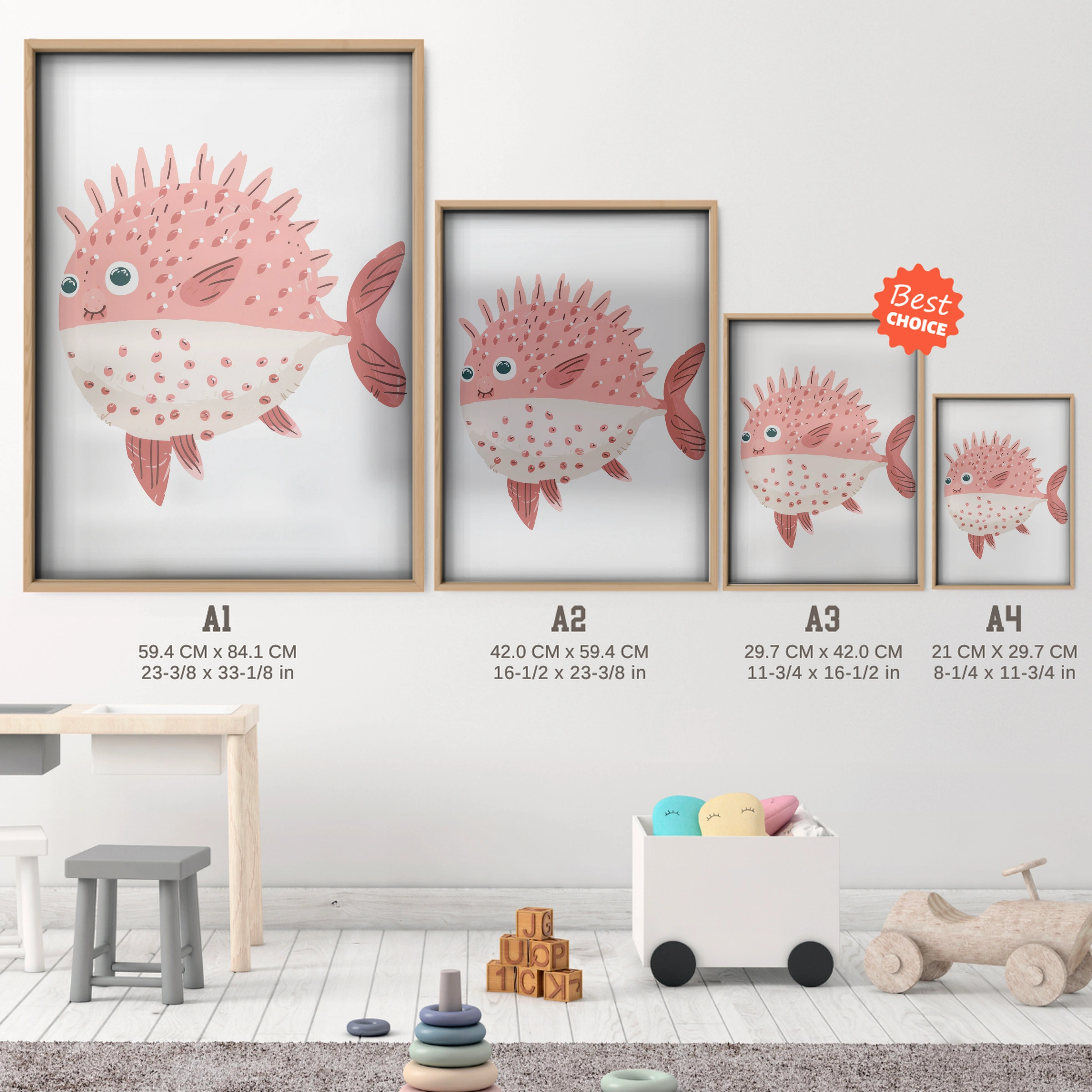 Pufferfish Nursery Print - size guide A4 A3 A2 A1 nursery print