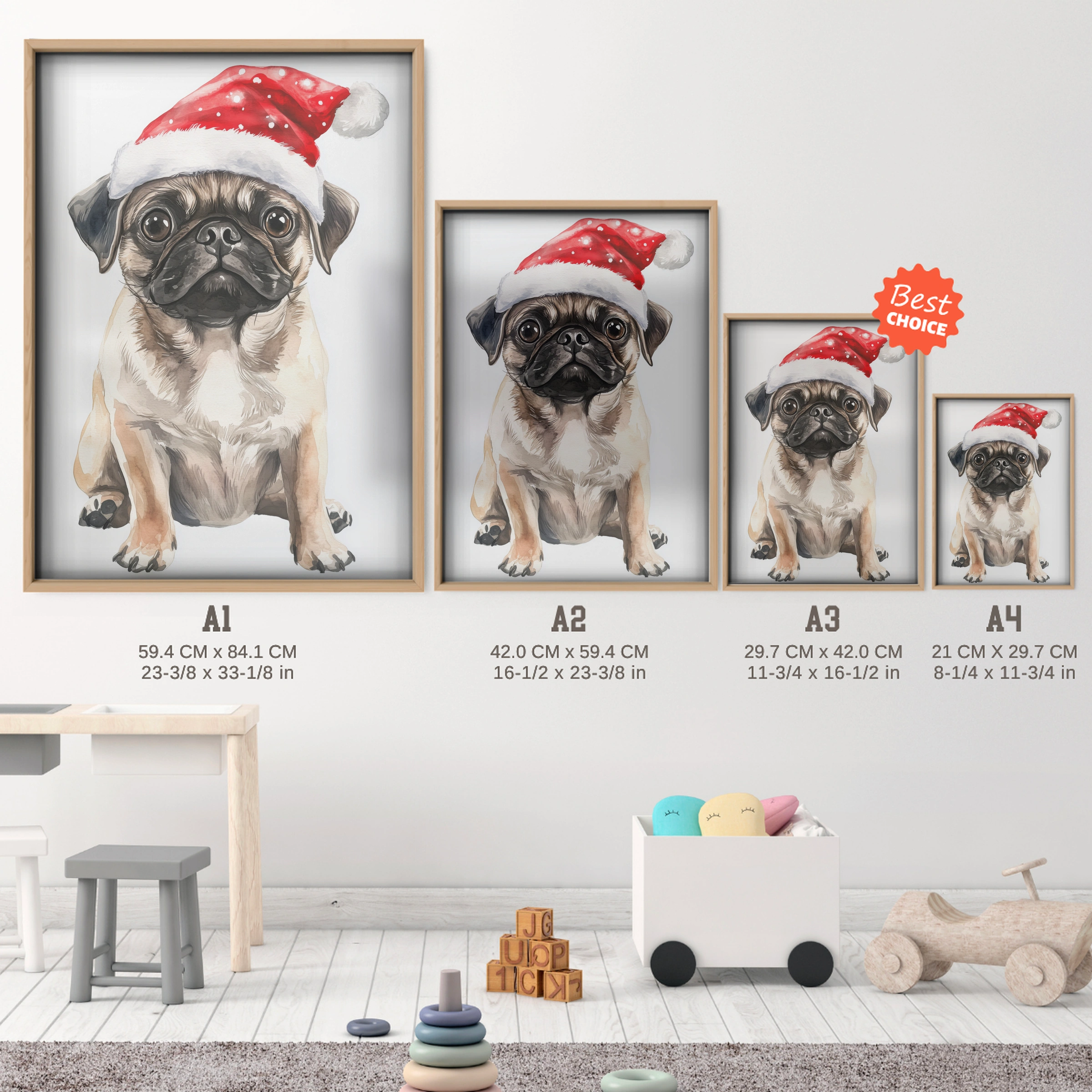Pug in a Santa Hat Christmas Print - size guide A4 A3 A2 A1 nursery print