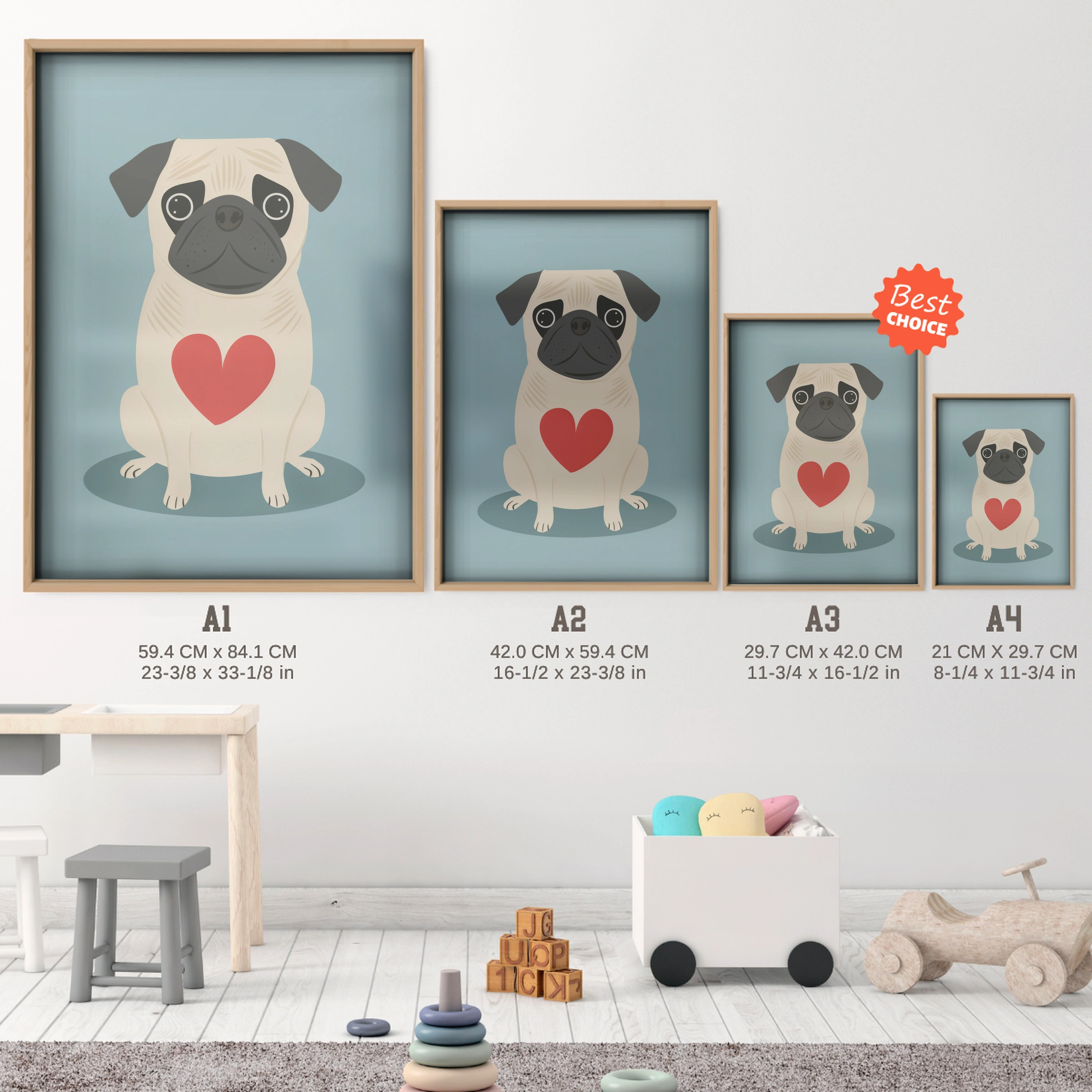 Pug with a Heart Nursery Print - size guide A4 A3 A2 A1 nursery print