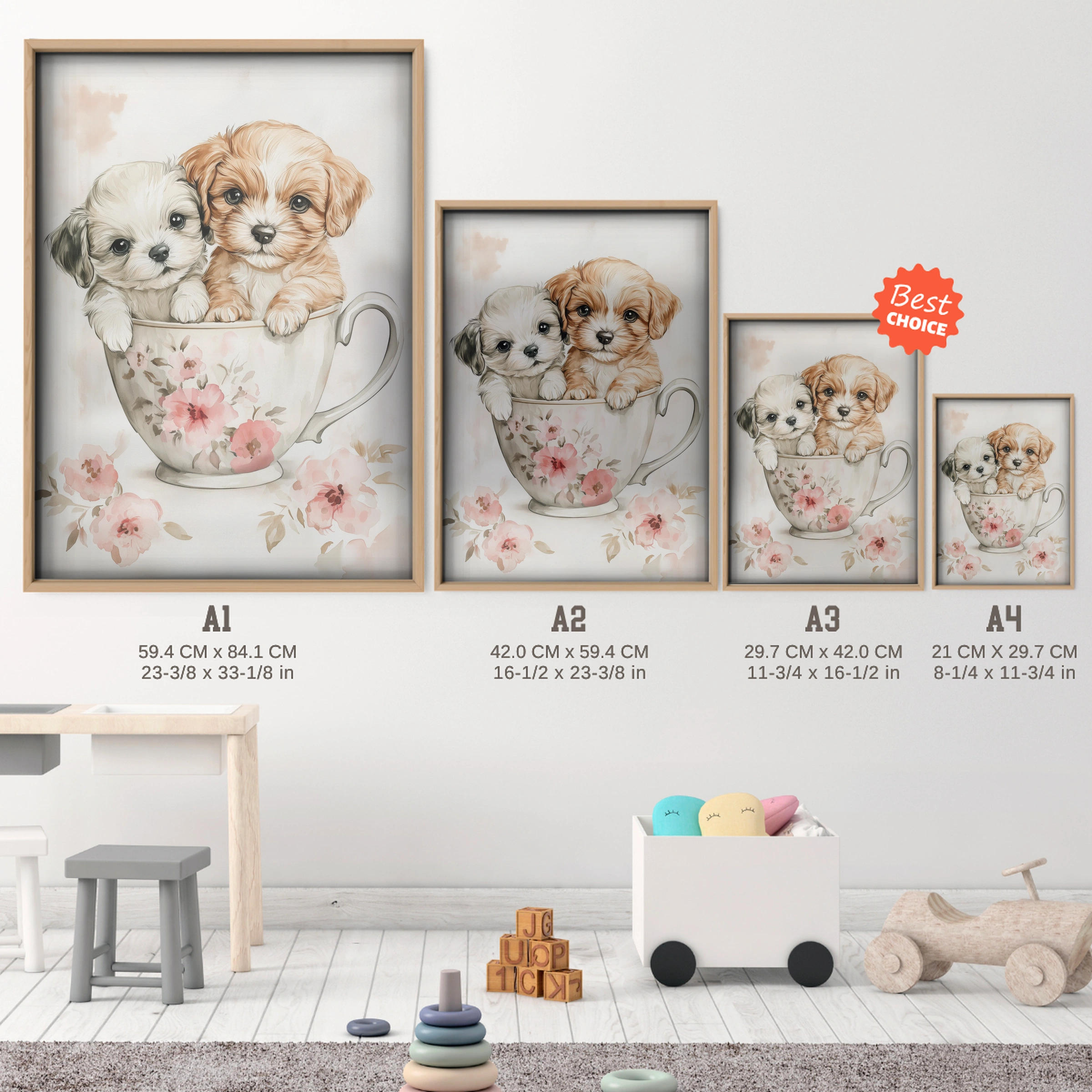 Puppies in a Teacup Nursery Print - size guide A4 A3 A2 A1 nursery print