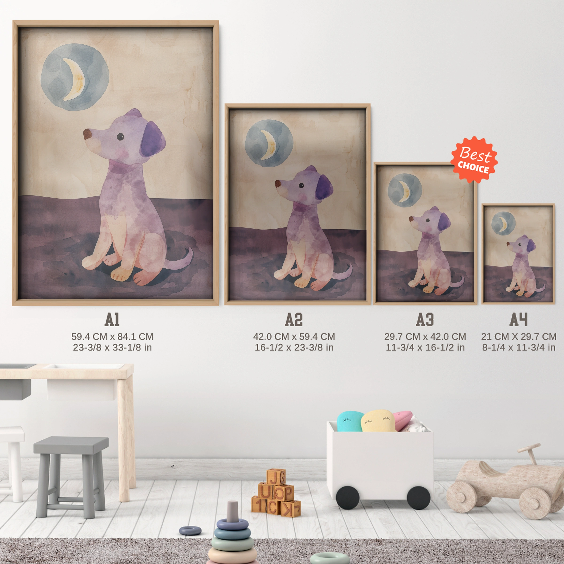 Puppy and the Moon Nursery Print - size guide A4 A3 A2 A1 nursery print