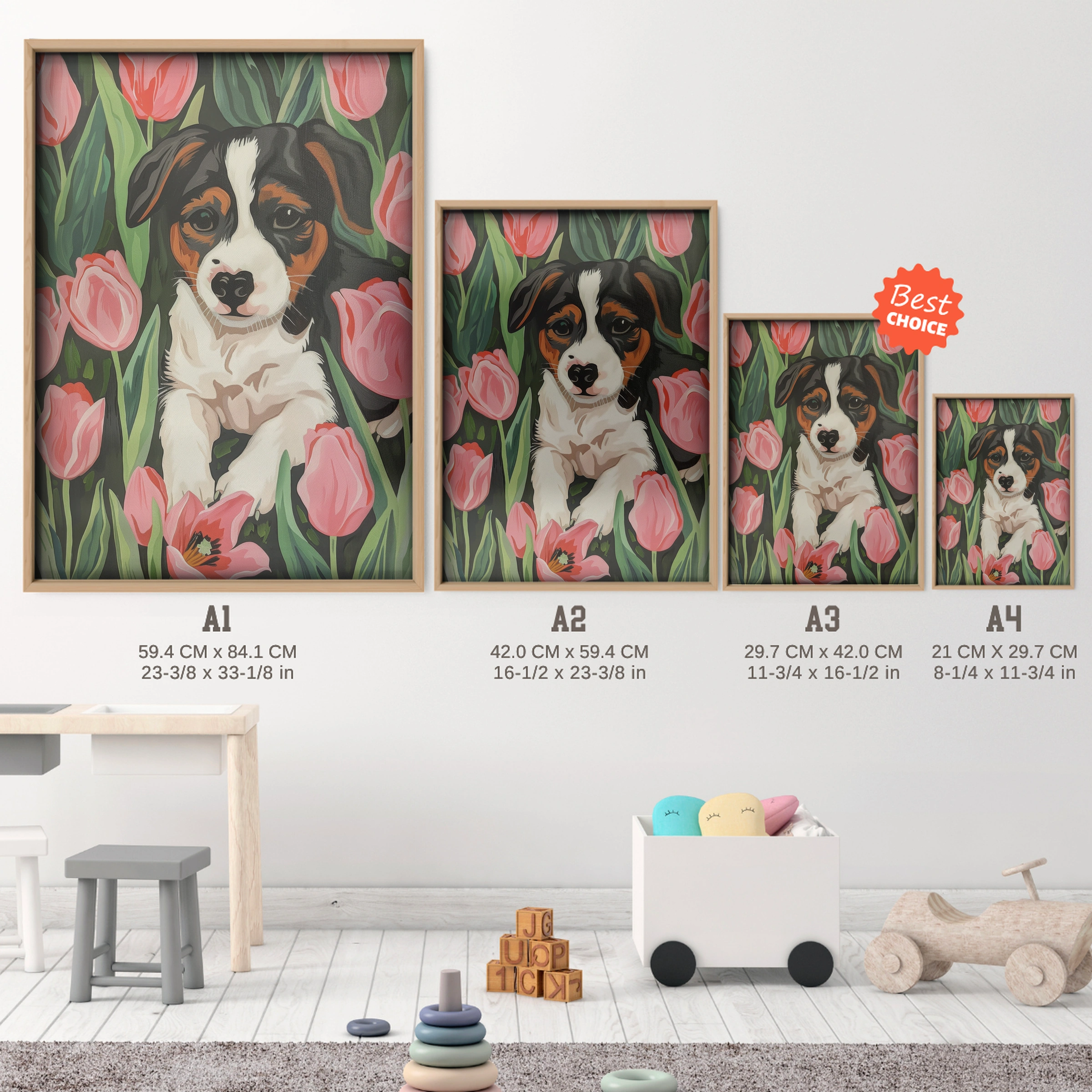 Puppy in Tulips Nursery Print - size guide A4 A3 A2 A1 nursery print