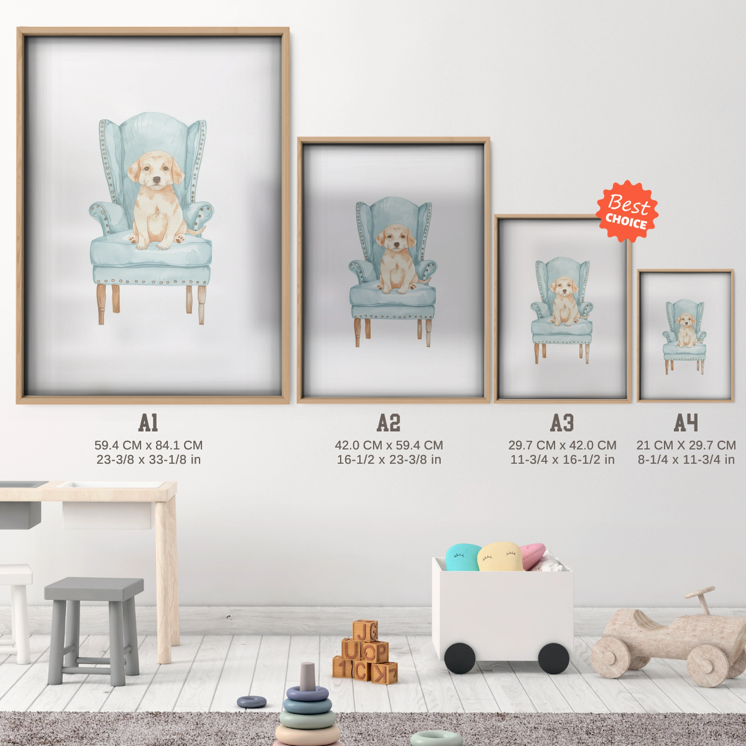 Puppy on a Chair Nursery Print - size guide A4 A3 A2 A1 nursery print