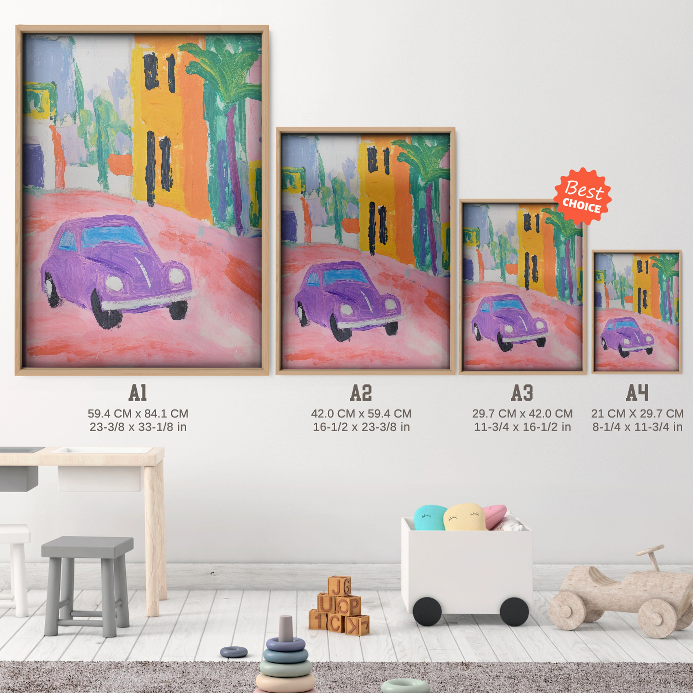 Purple Car in Town Nursery Print - size guide A4 A3 A2 A1 nursery print