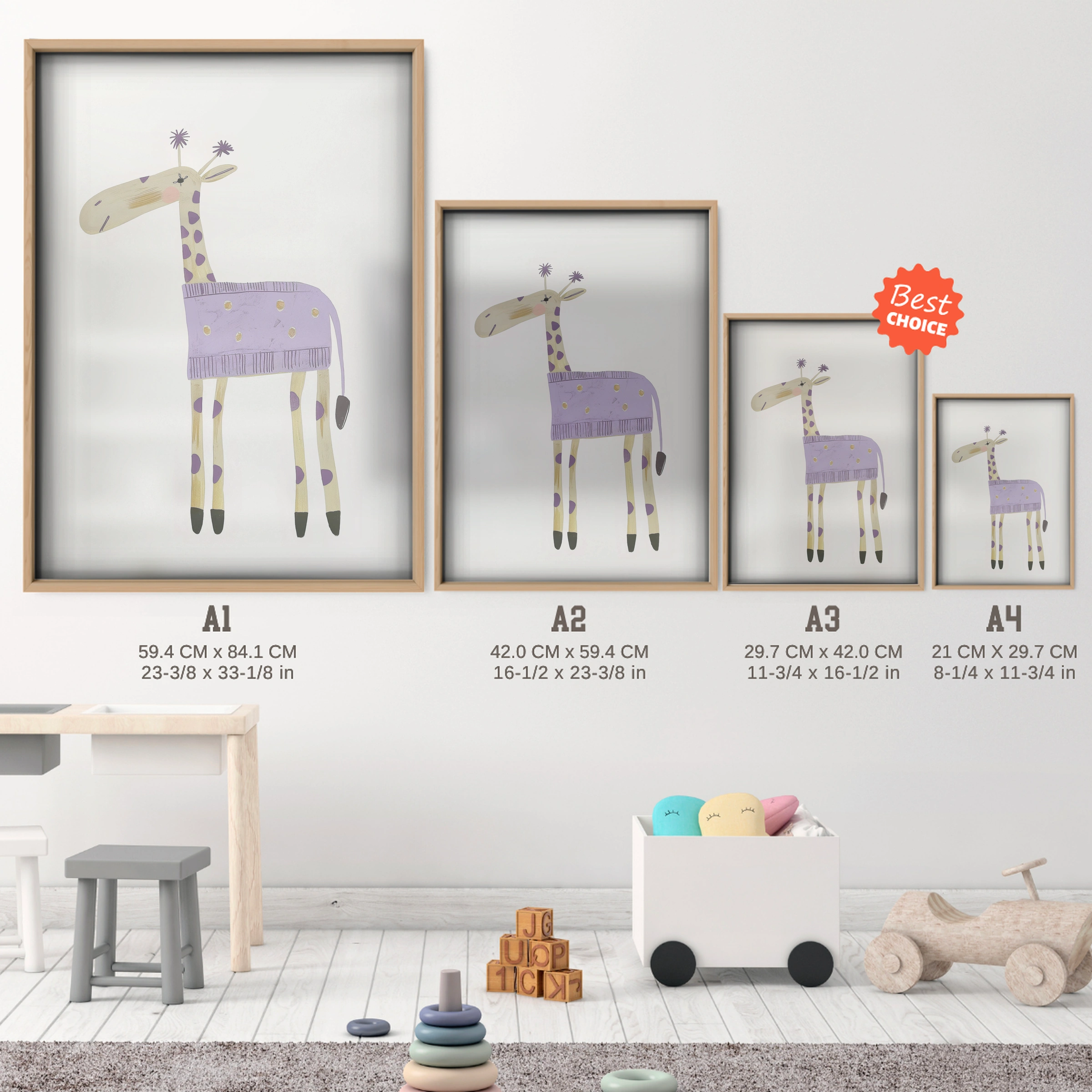 Purple Giraffe Nursery Print - size guide A4 A3 A2 A1 nursery print