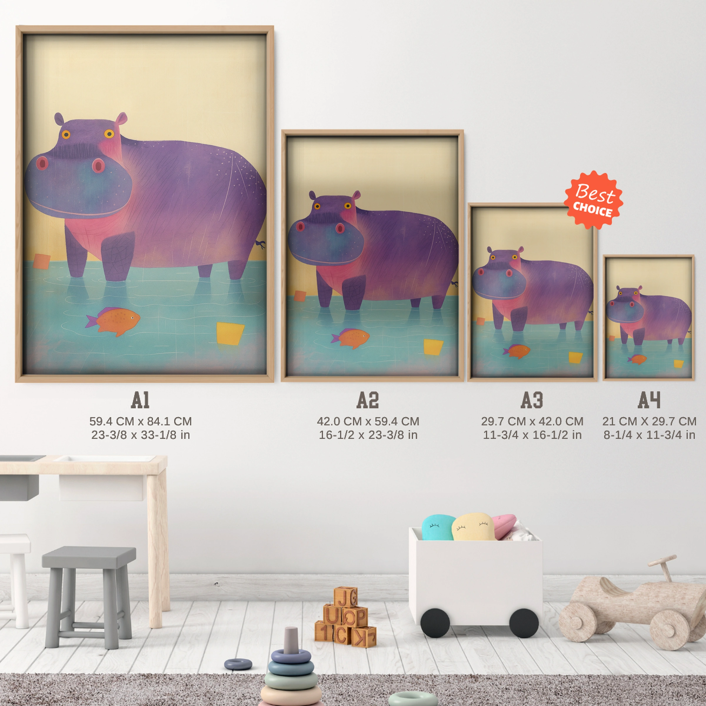 Purple Hippo Nursery Print - size guide A4 A3 A2 A1 nursery print