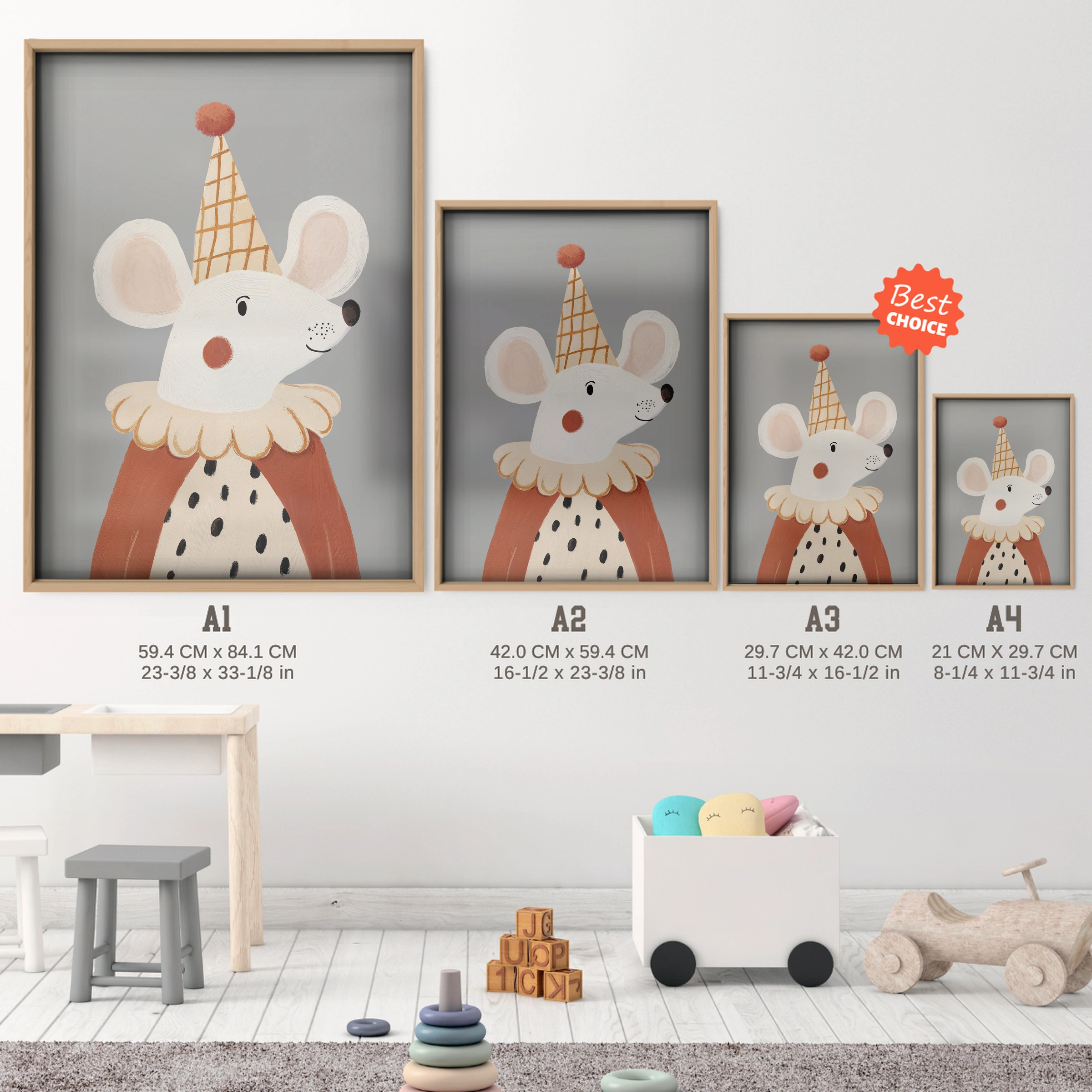 Queen Mouse Nursery Print - size guide A4 A3 A2 A1 nursery print