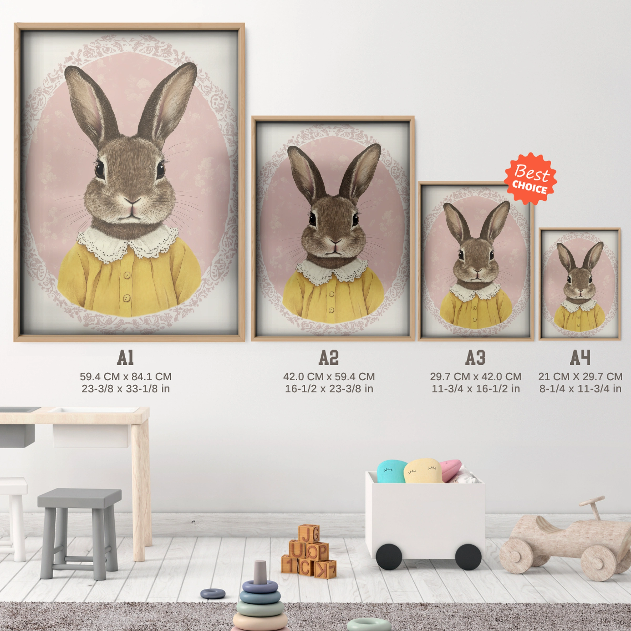 Rabbit Cameo in Yellow Nursery Print - size guide A4 A3 A2 A1 nursery print