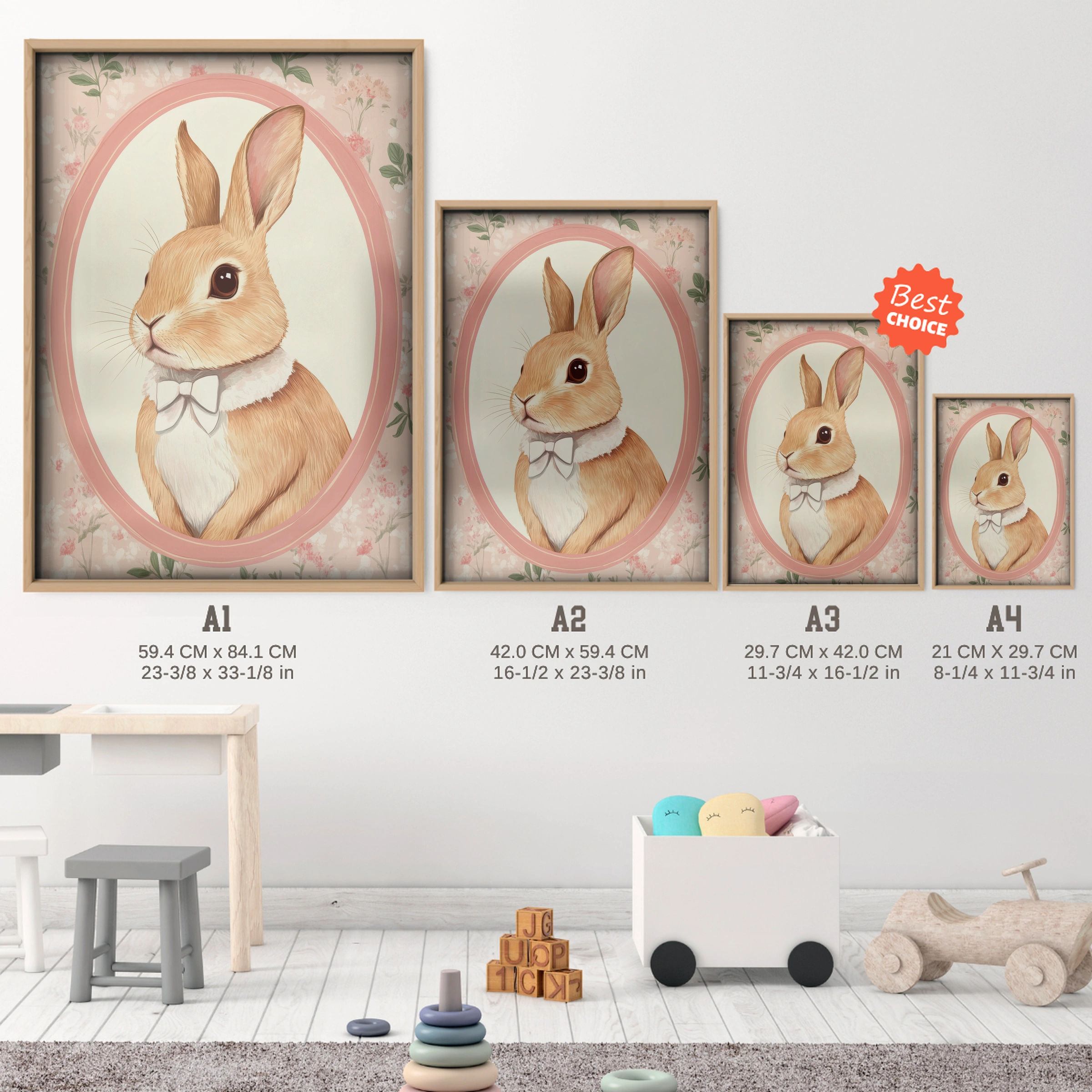 Rabbit Cameo Nursery Print - size guide A4 A3 A2 A1 nursery print