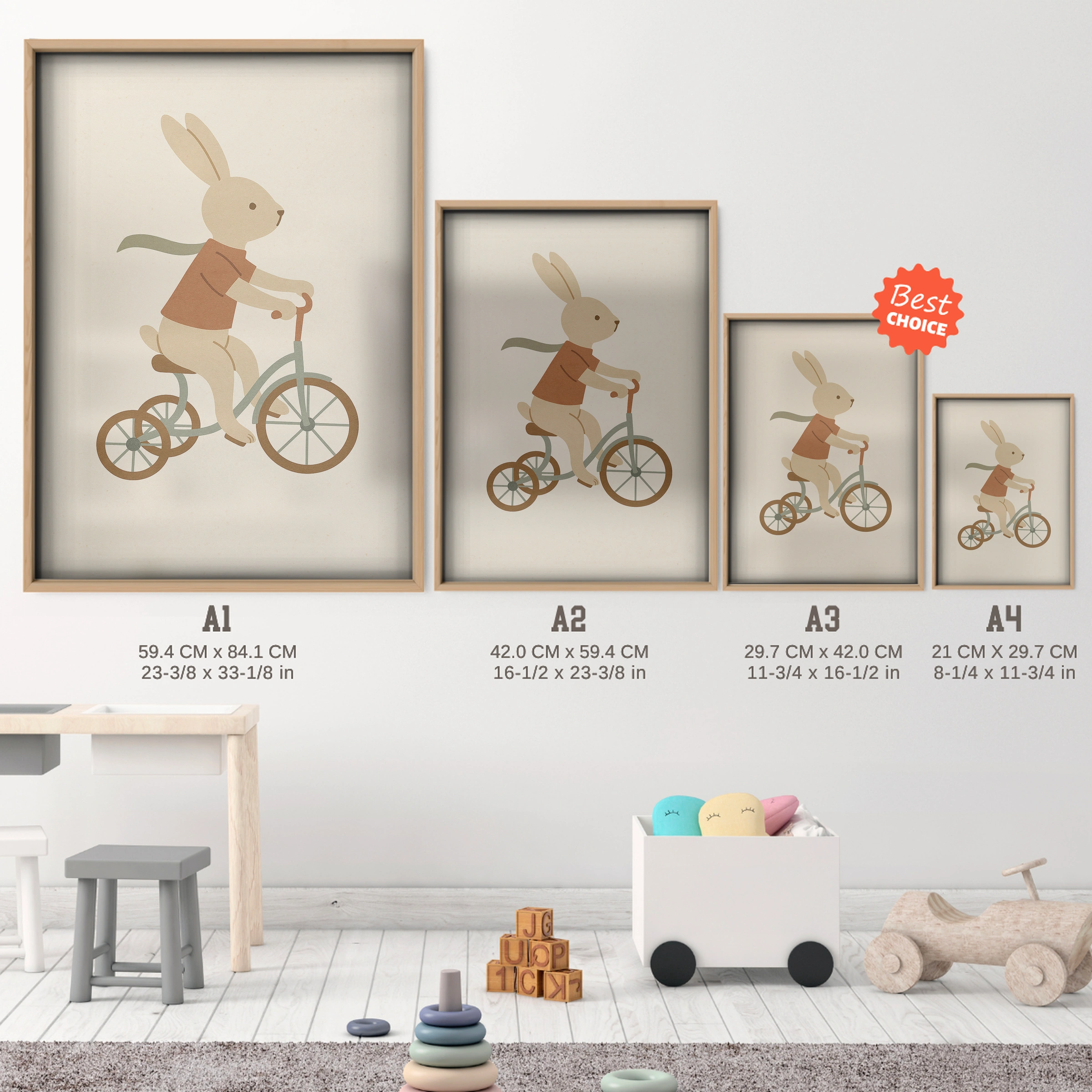 Rabbit Cyclist Nursery Print - size guide A4 A3 A2 A1 nursery print