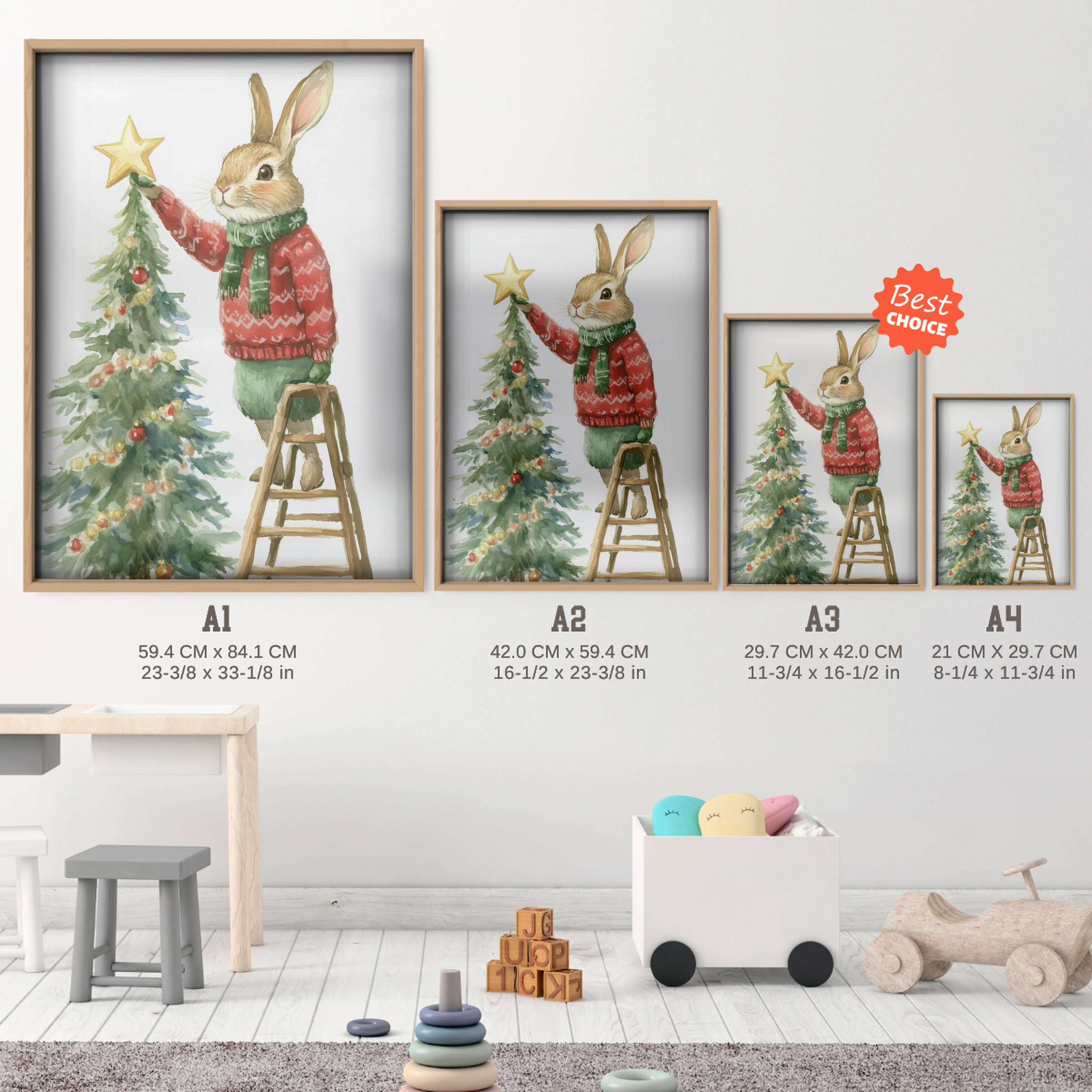 Rabbit Decorating the Tree Christmas Print - size guide A4 A3 A2 A1 nursery print