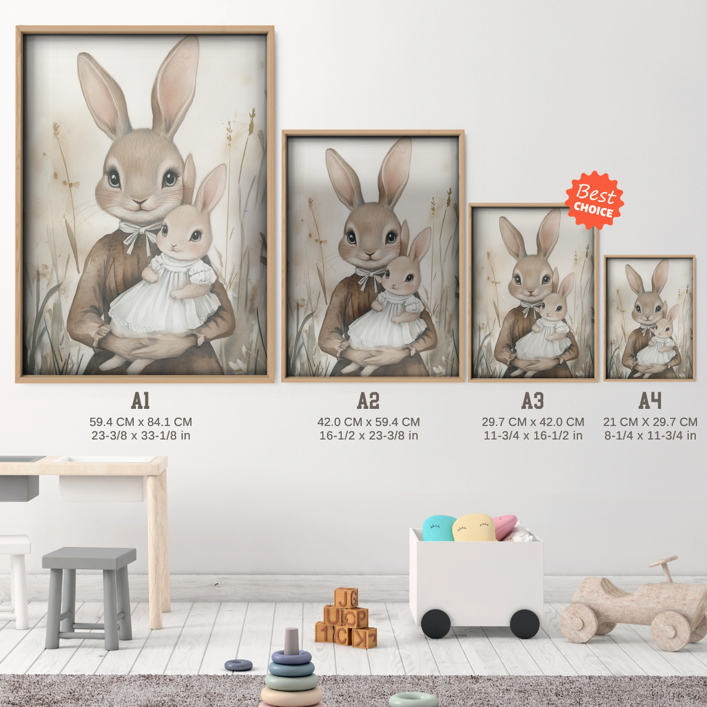 Rabbit Holding Baby Nursery Print - size guide A4 A3 A2 A1 nursery print