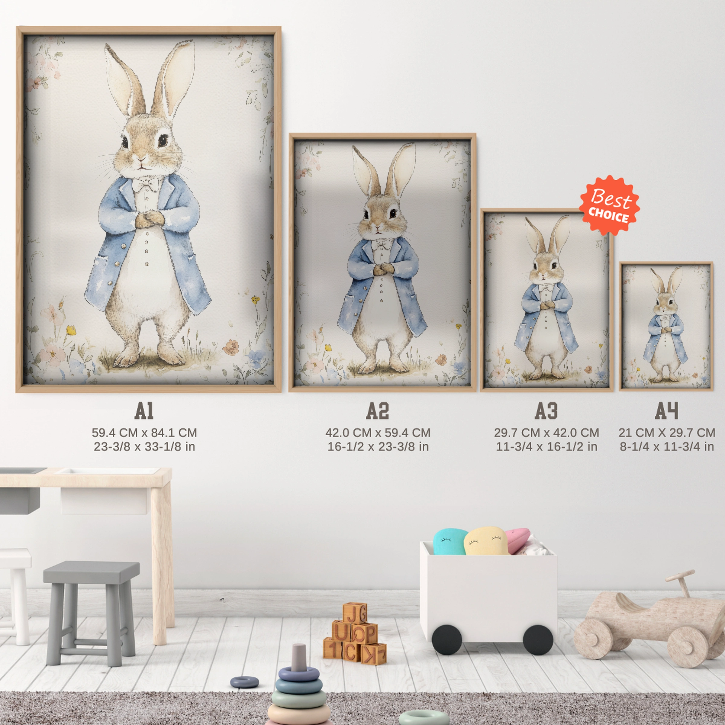 Rabbit in a Blue Coat Nursery Print - size guide A4 A3 A2 A1 nursery print