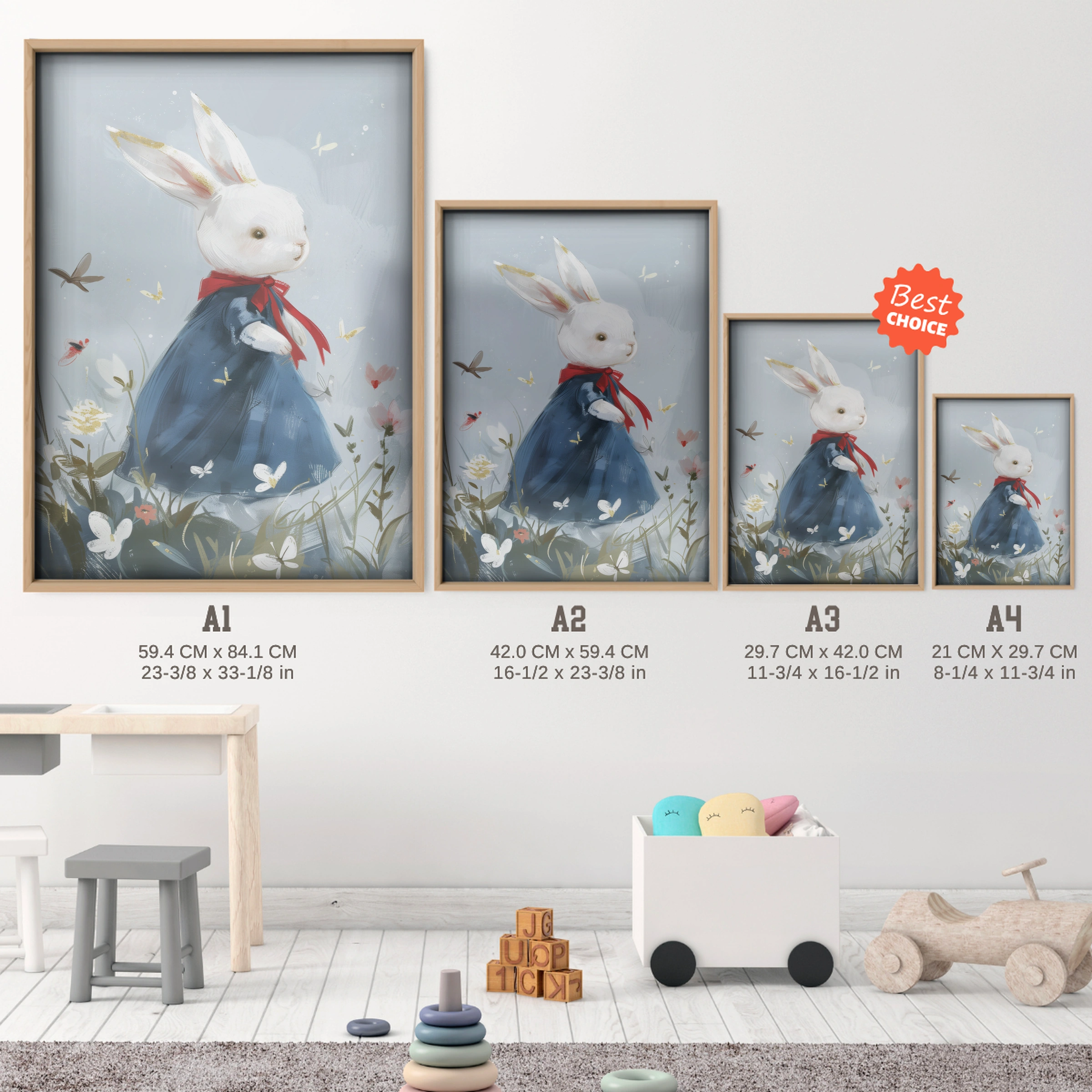 Rabbit in a Blue Dress Nursery Print - size guide A4 A3 A2 A1 nursery print