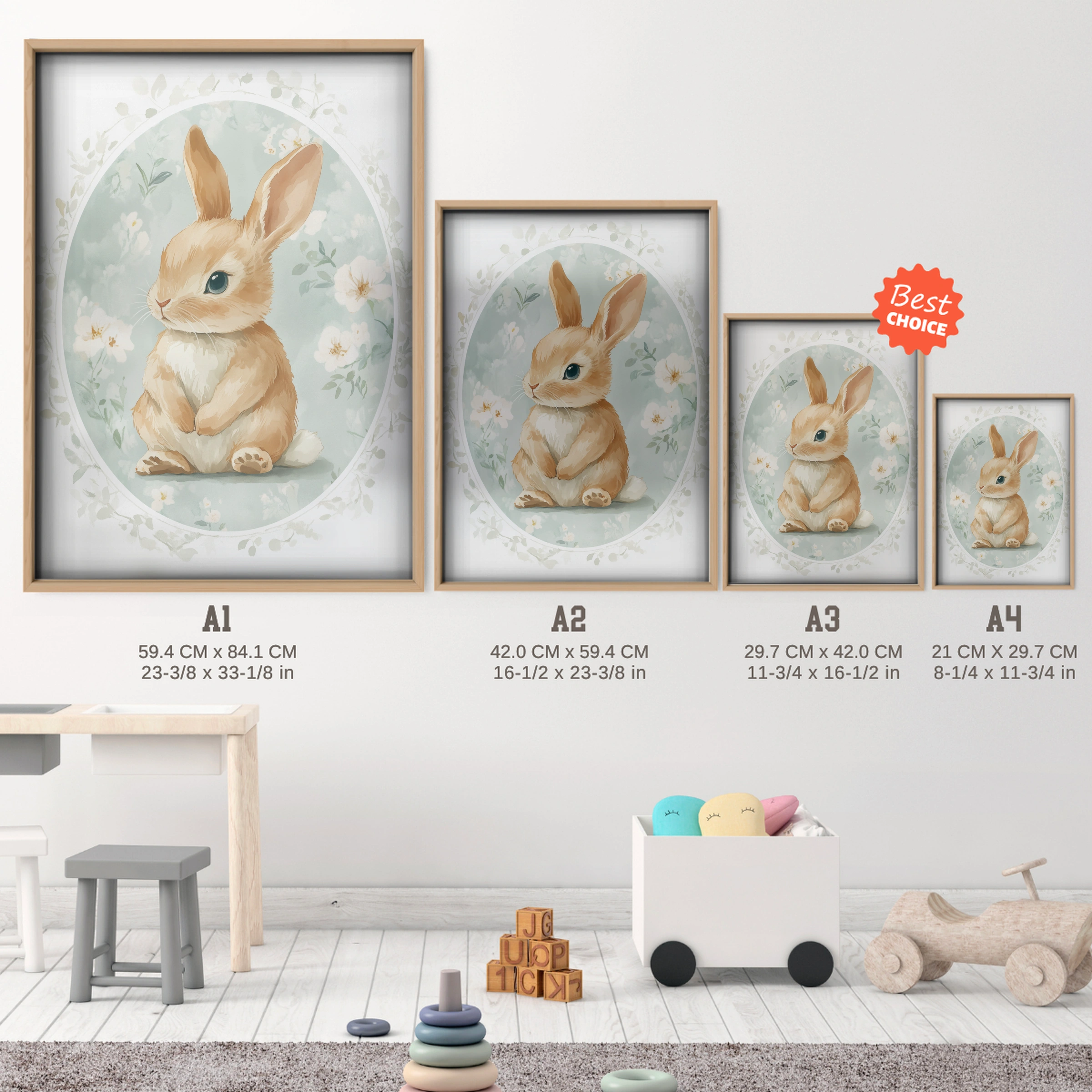 Rabbit in a Blue Oval Nursery Print - size guide A4 A3 A2 A1 nursery print