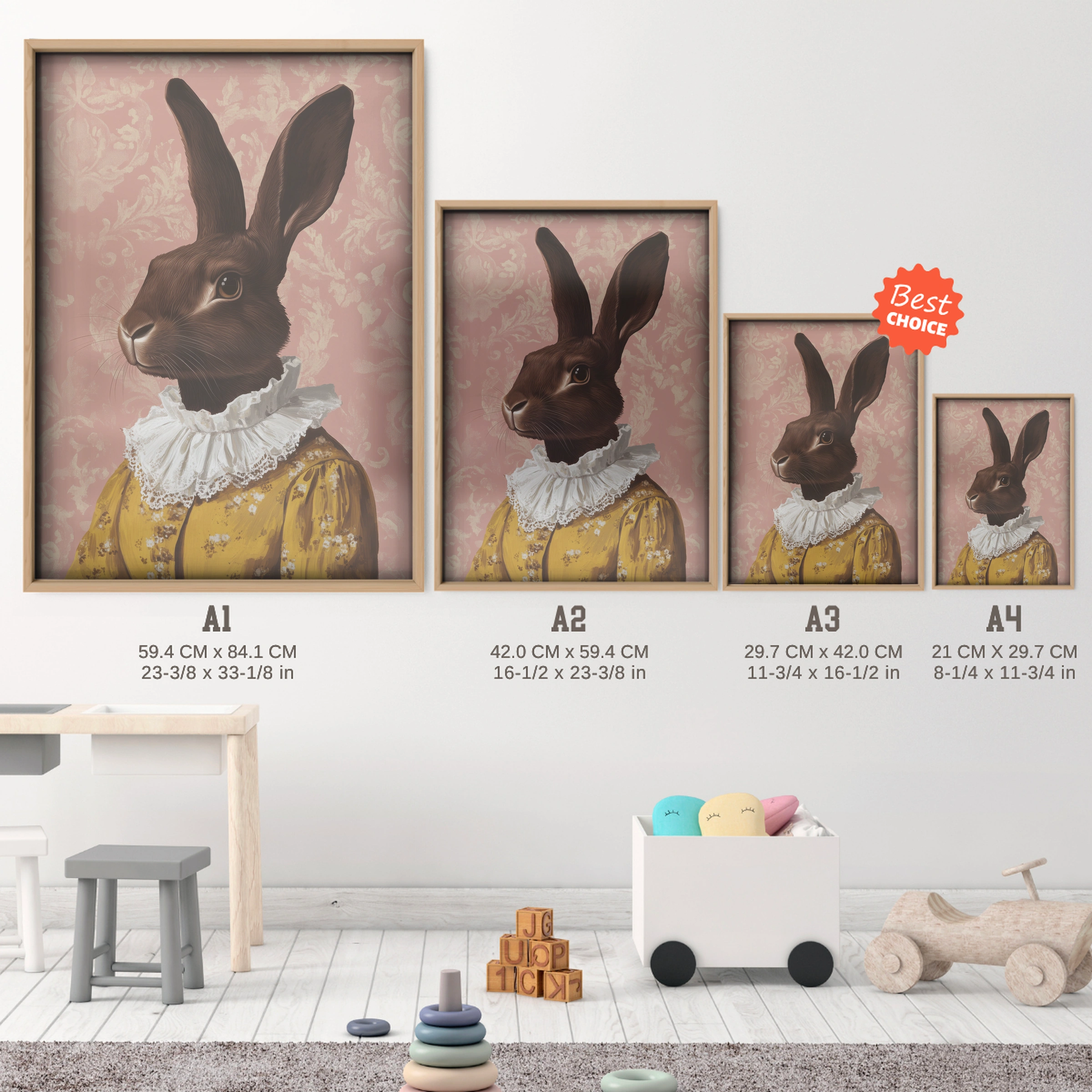 Rabbit in a Dress Nursery Print - size guide A4 A3 A2 A1 nursery print