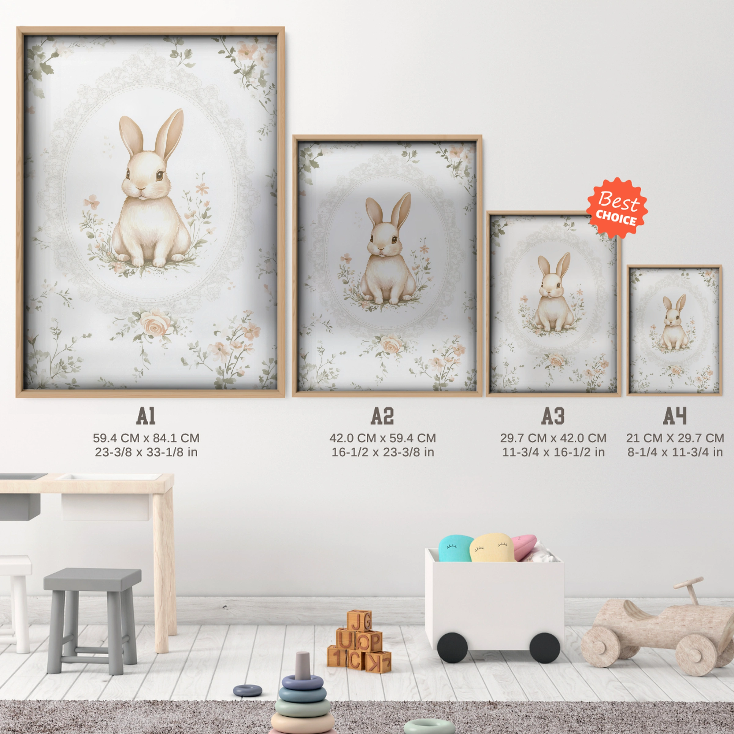 Rabbit in a Floral Frame Nursery Print - size guide A4 A3 A2 A1 nursery print