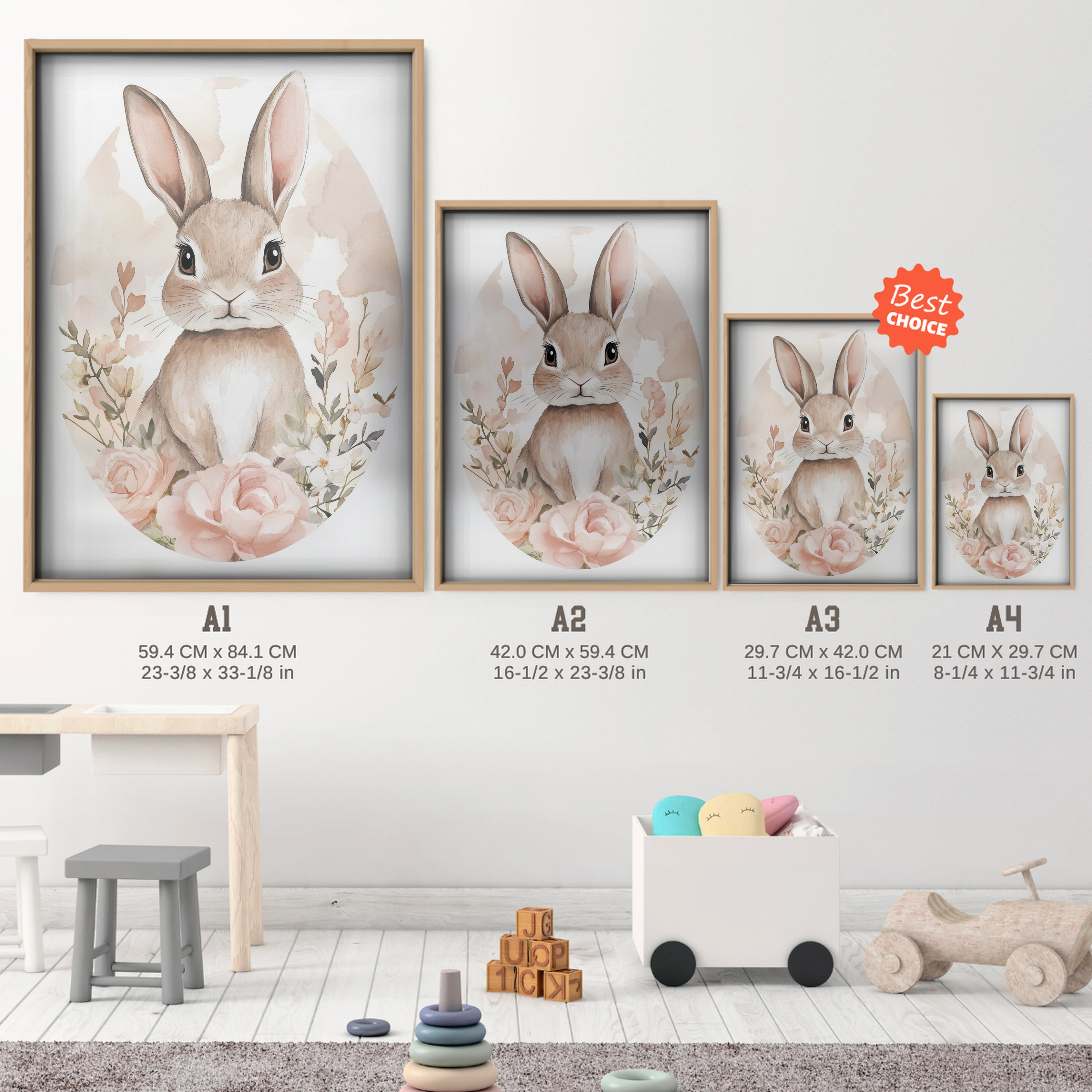 Rabbit in a Rose Frame Nursery Print - size guide A4 A3 A2 A1 nursery print