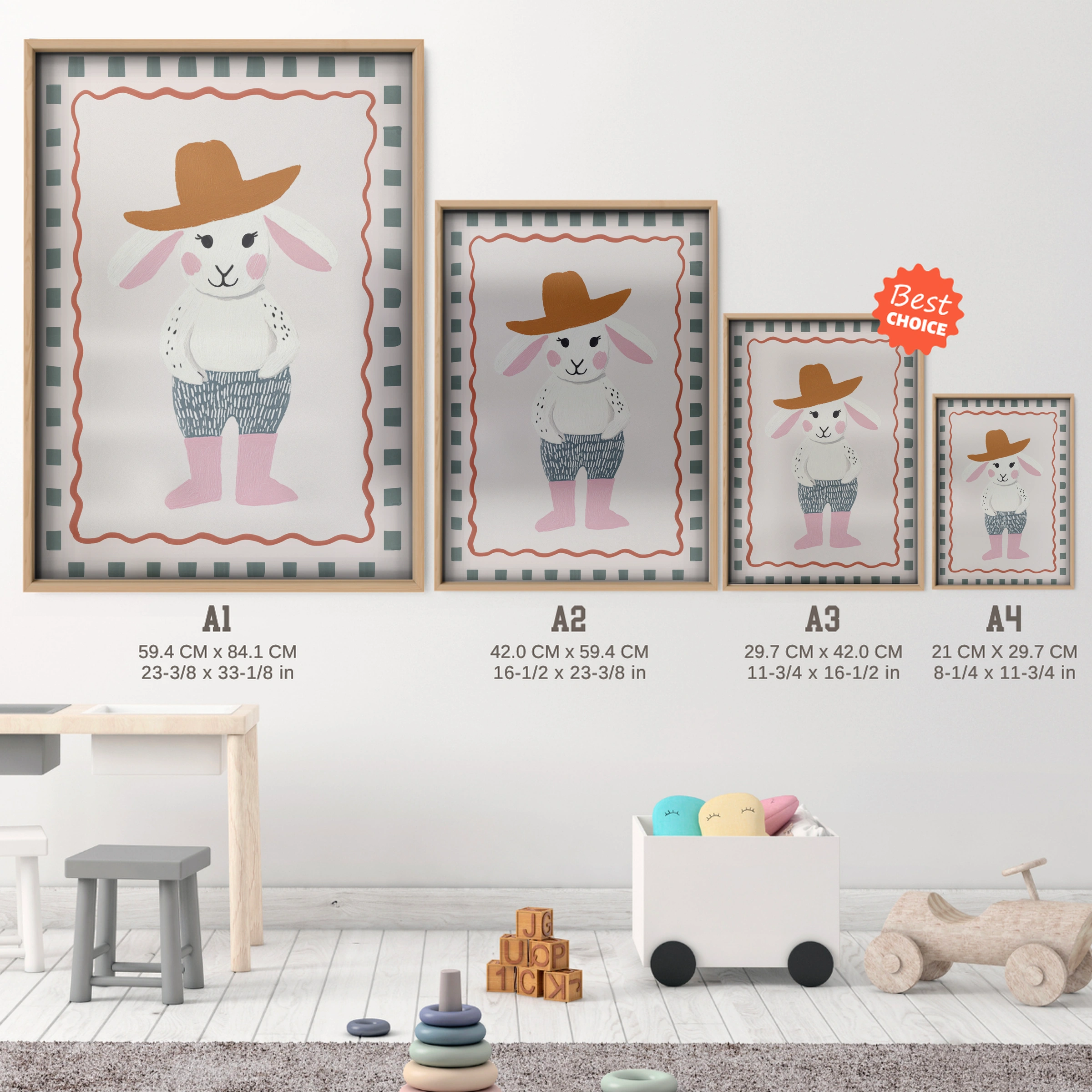 Rabbit in a Sunhat Nursery Print - size guide A4 A3 A2 A1 nursery print