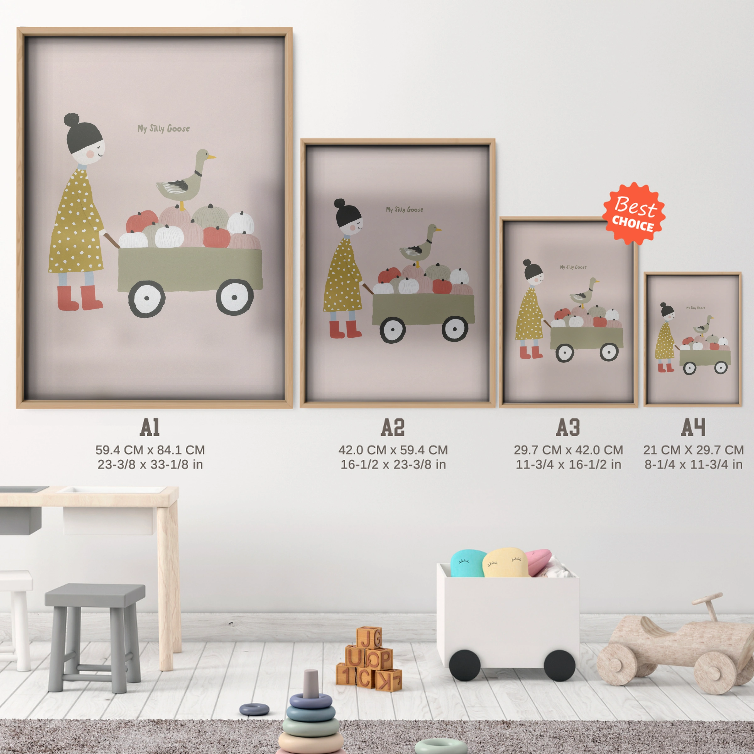 Rabbit in a Wagon Nursery Print - size guide A4 A3 A2 A1 nursery print
