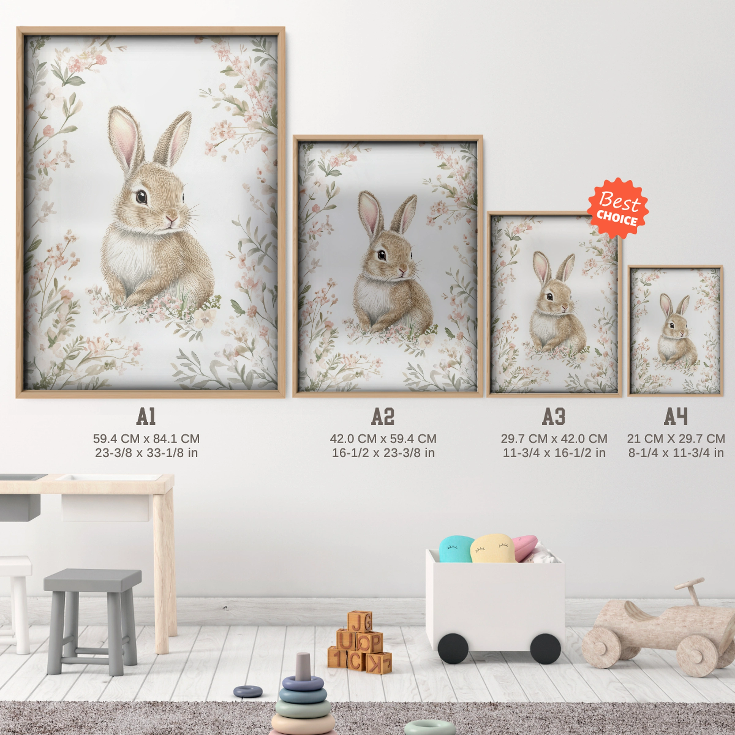 Rabbit in Blossom Nursery Print - size guide A4 A3 A2 A1 nursery print