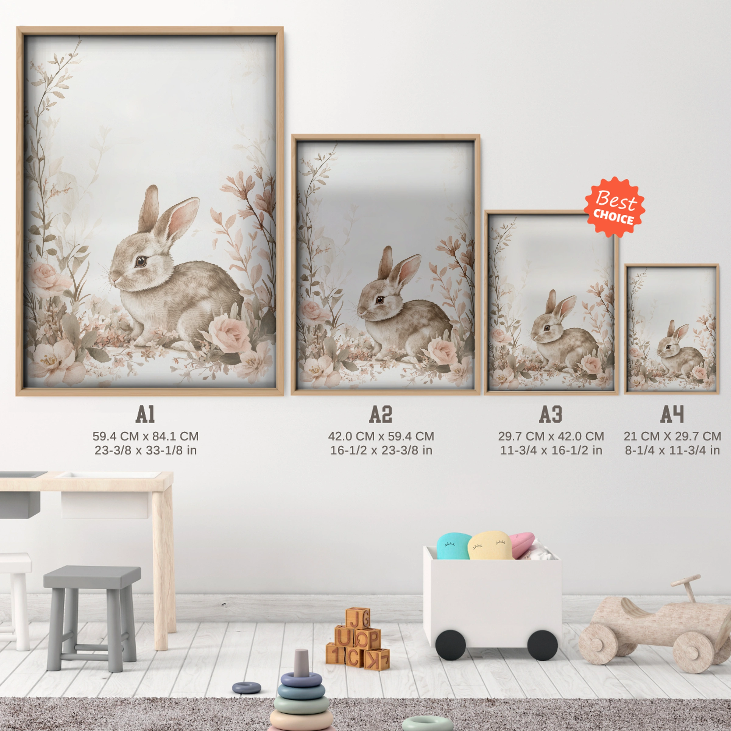 Rabbit in Roses Nursery Print - size guide A4 A3 A2 A1 nursery print