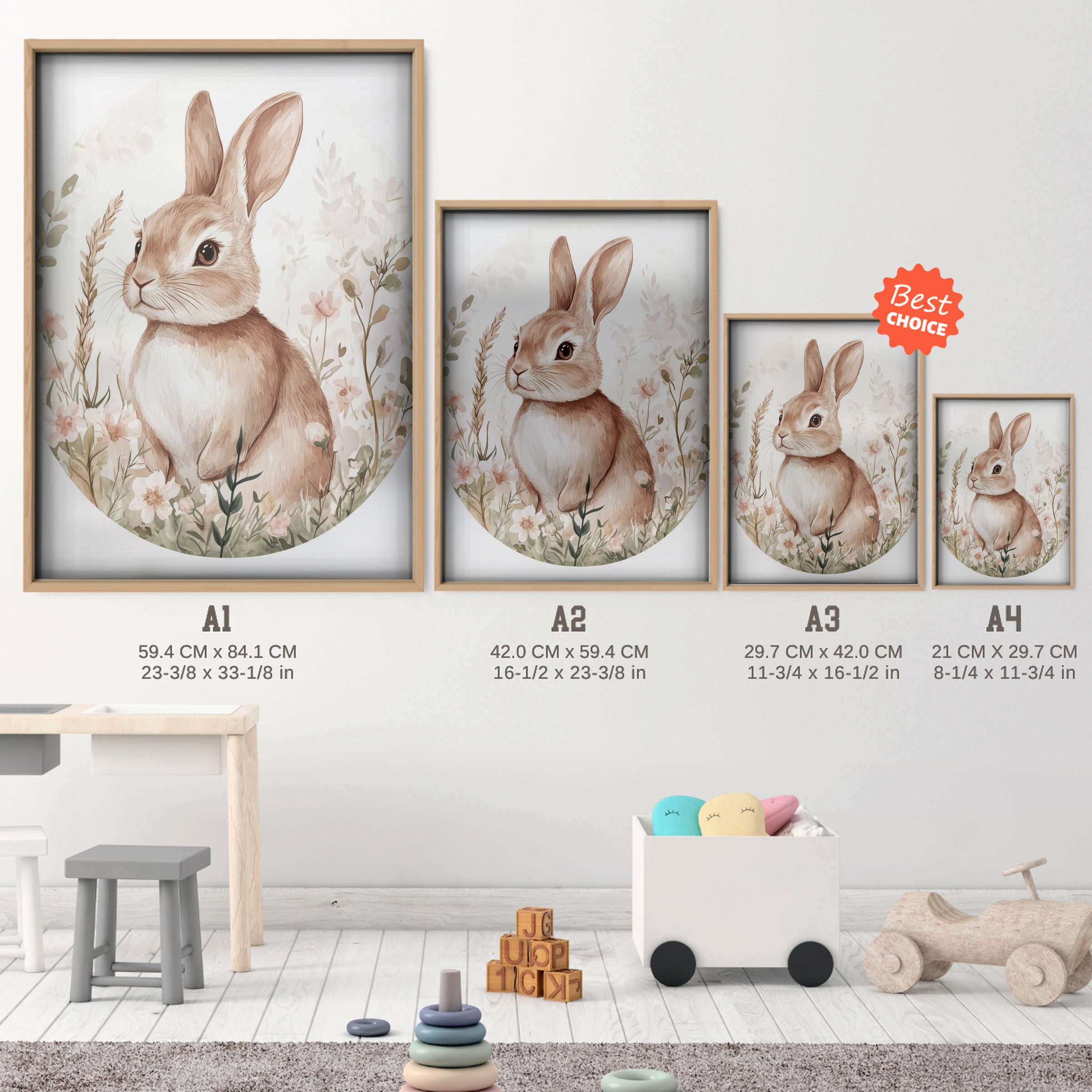 Rabbit in Wildflowers Nursery Print - size guide A4 A3 A2 A1 nursery print