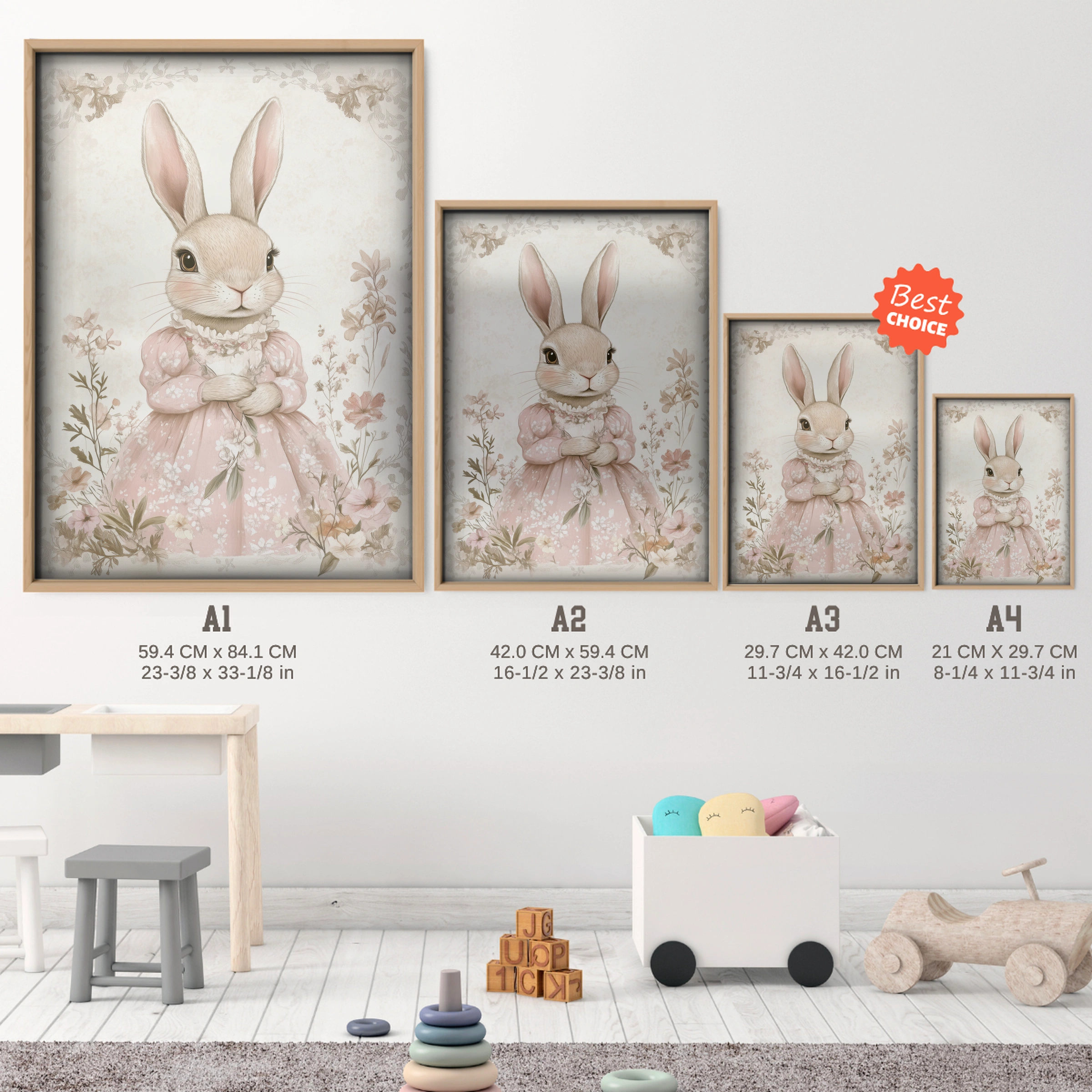 Rabbit Lady in Pink Nursery Print - size guide A4 A3 A2 A1 nursery print