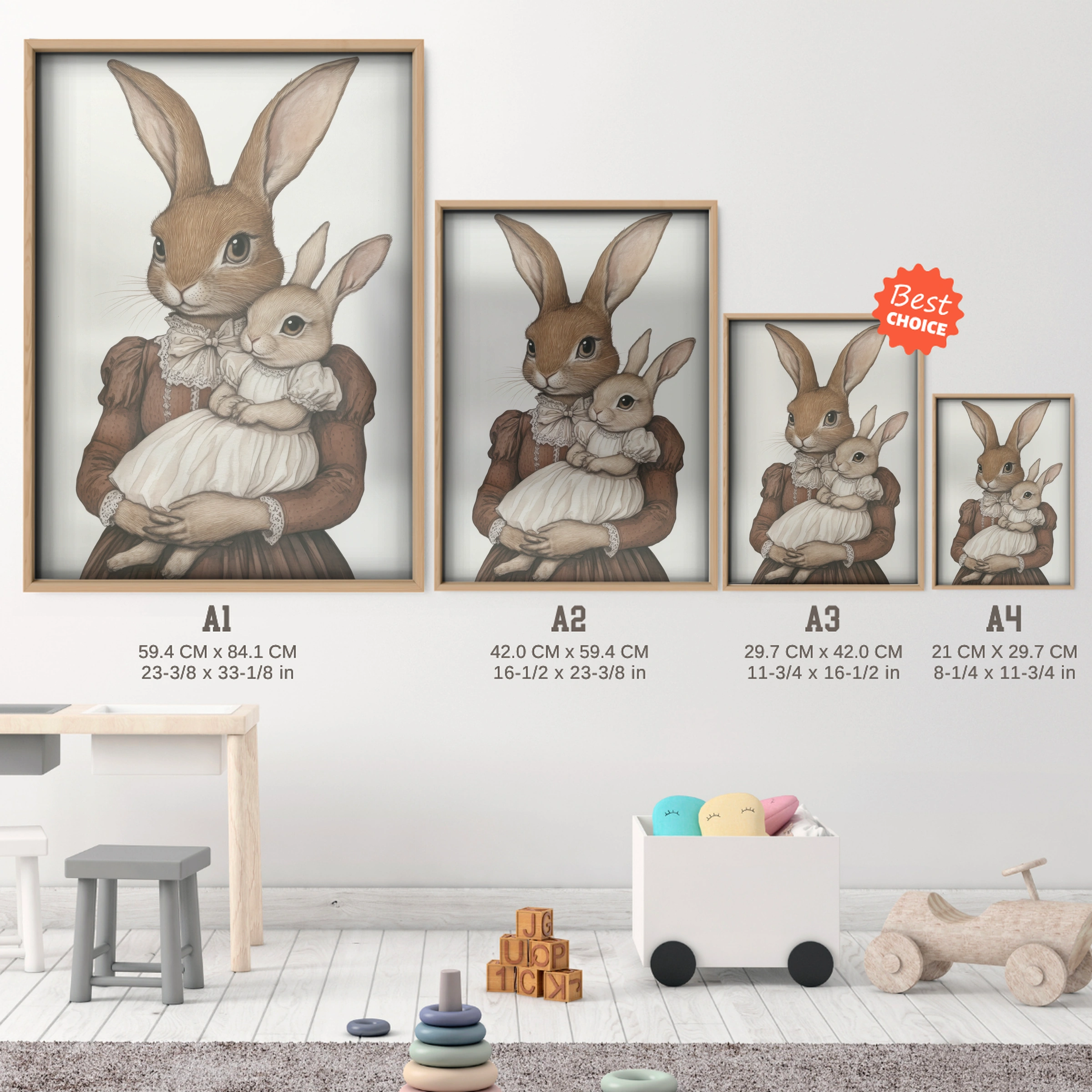 Rabbit Mother and Baby Nursery Print - size guide A4 A3 A2 A1 nursery print