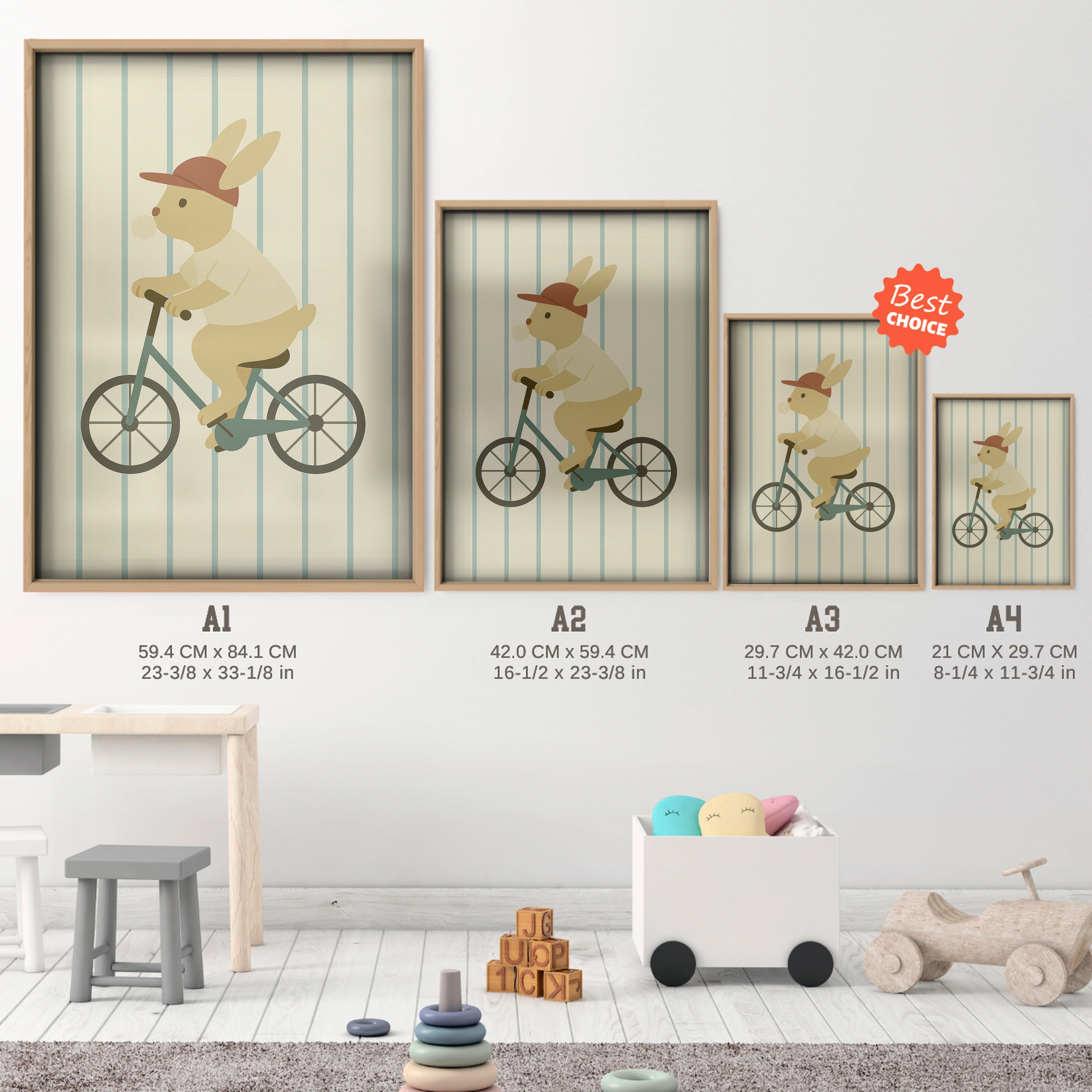 Rabbit on a Bicycle Nursery Print - size guide A4 A3 A2 A1 nursery print