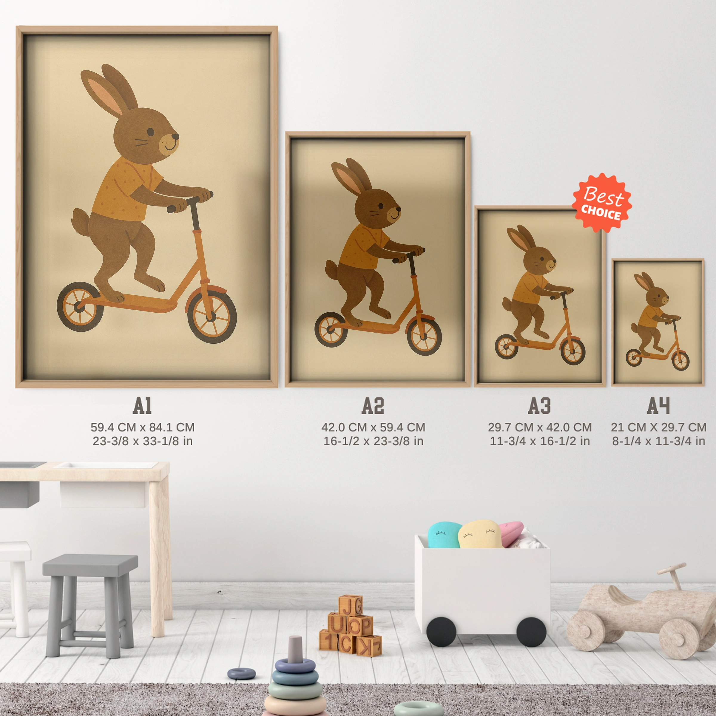 Rabbit on a Scooter Nursery Print - size guide A4 A3 A2 A1 nursery print