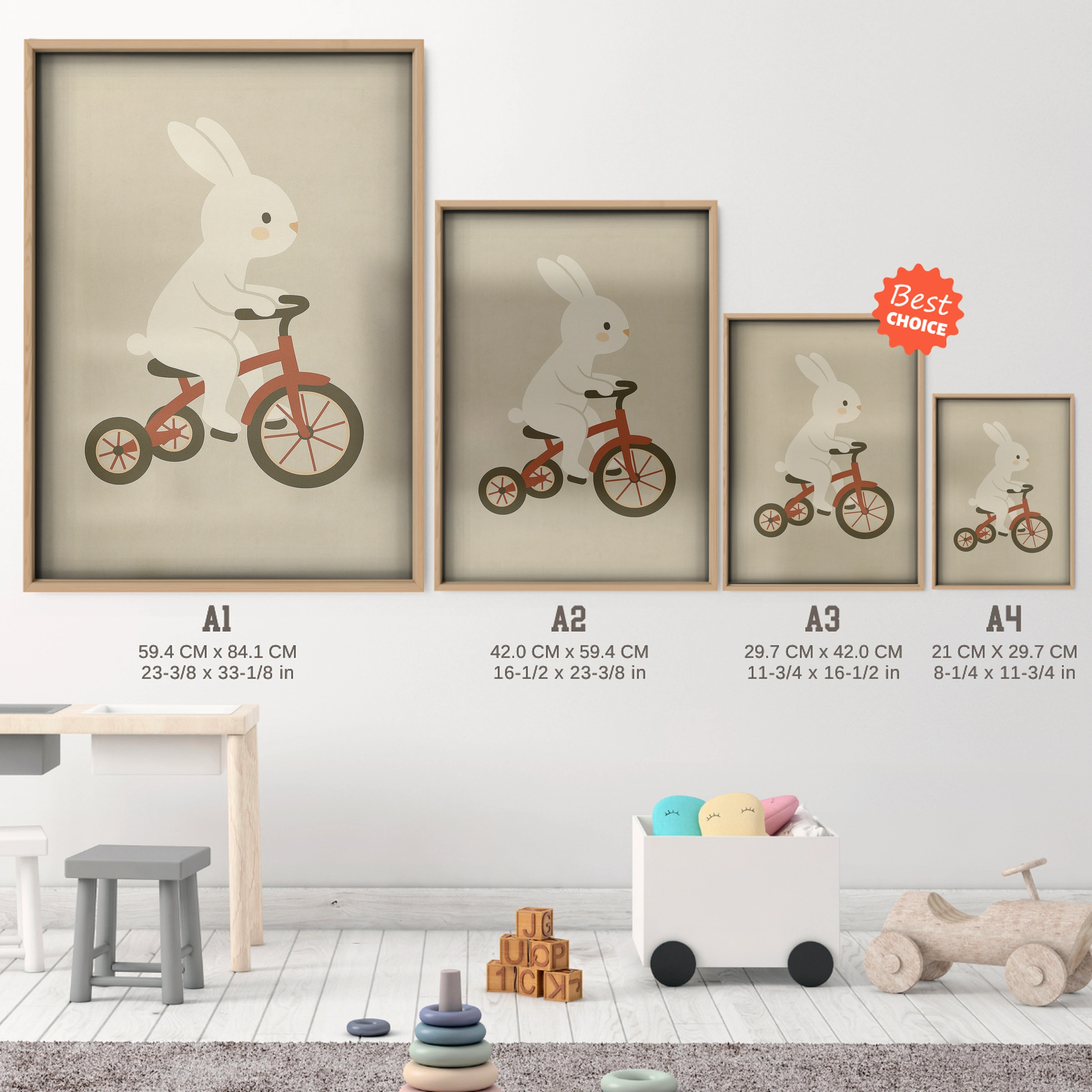 Rabbit on a Tricycle Nursery Print - size guide A4 A3 A2 A1 nursery print