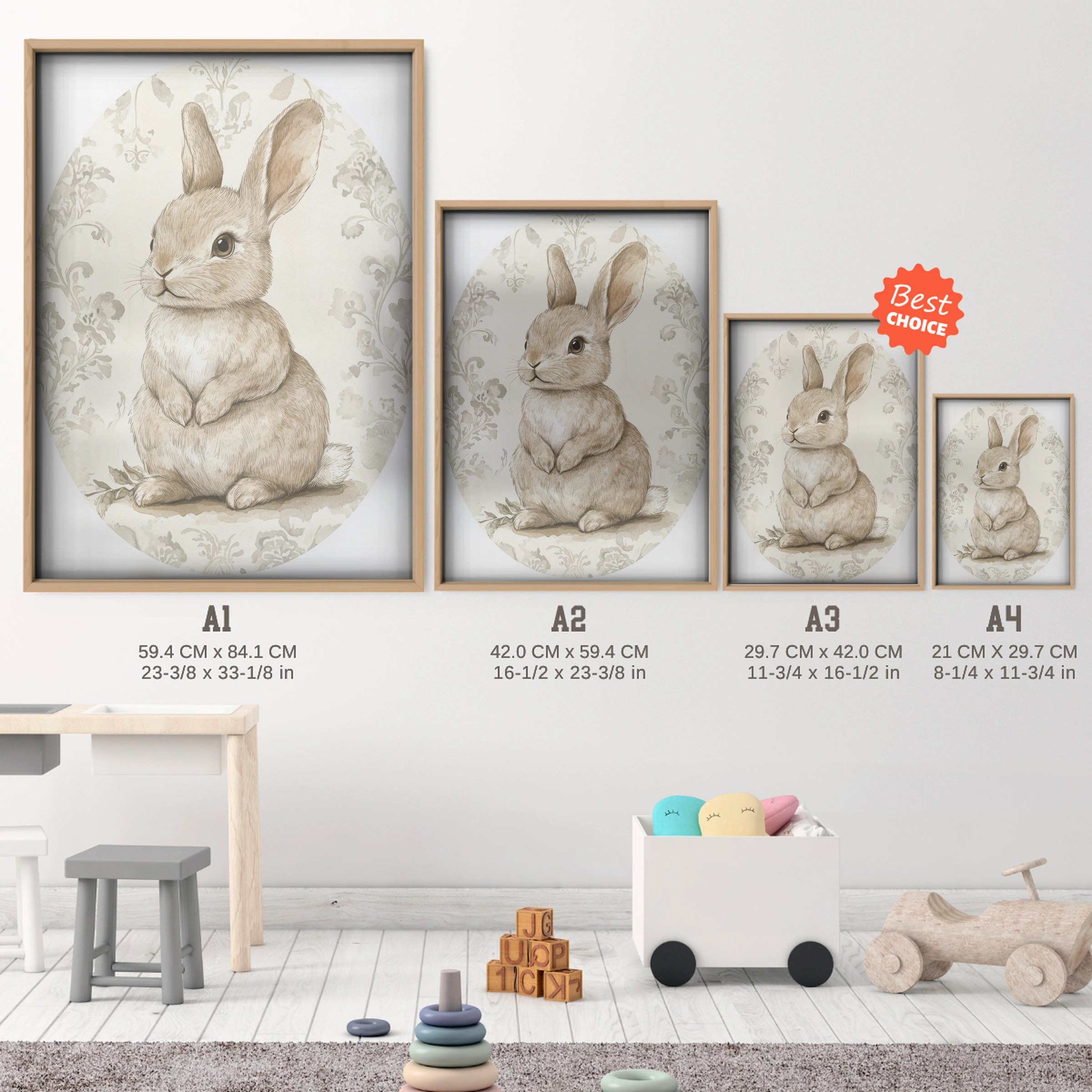 Rabbit Oval Nursery Print - size guide A4 A3 A2 A1 nursery print