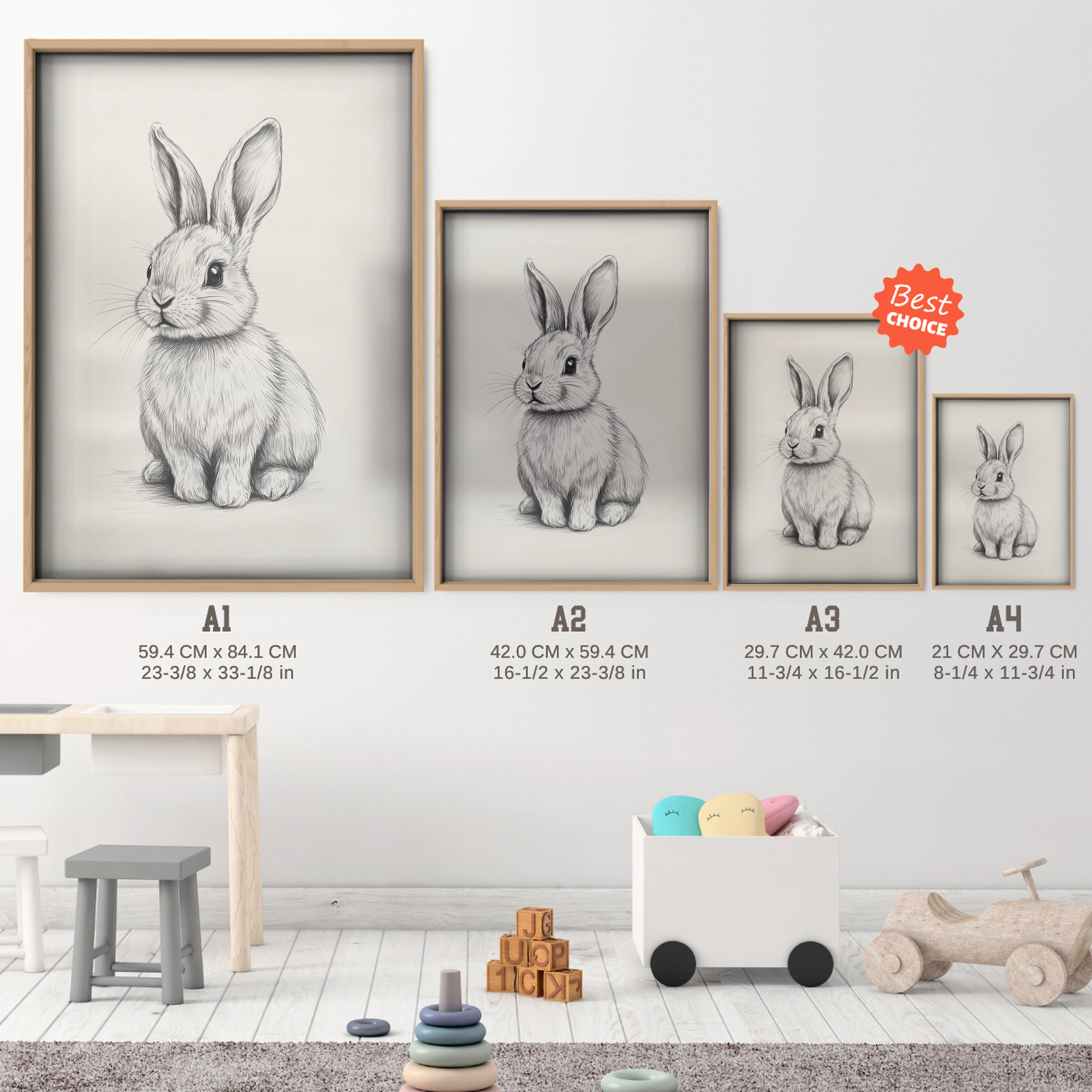 Rabbit Sketch Nursery Print - size guide A4 A3 A2 A1 nursery print