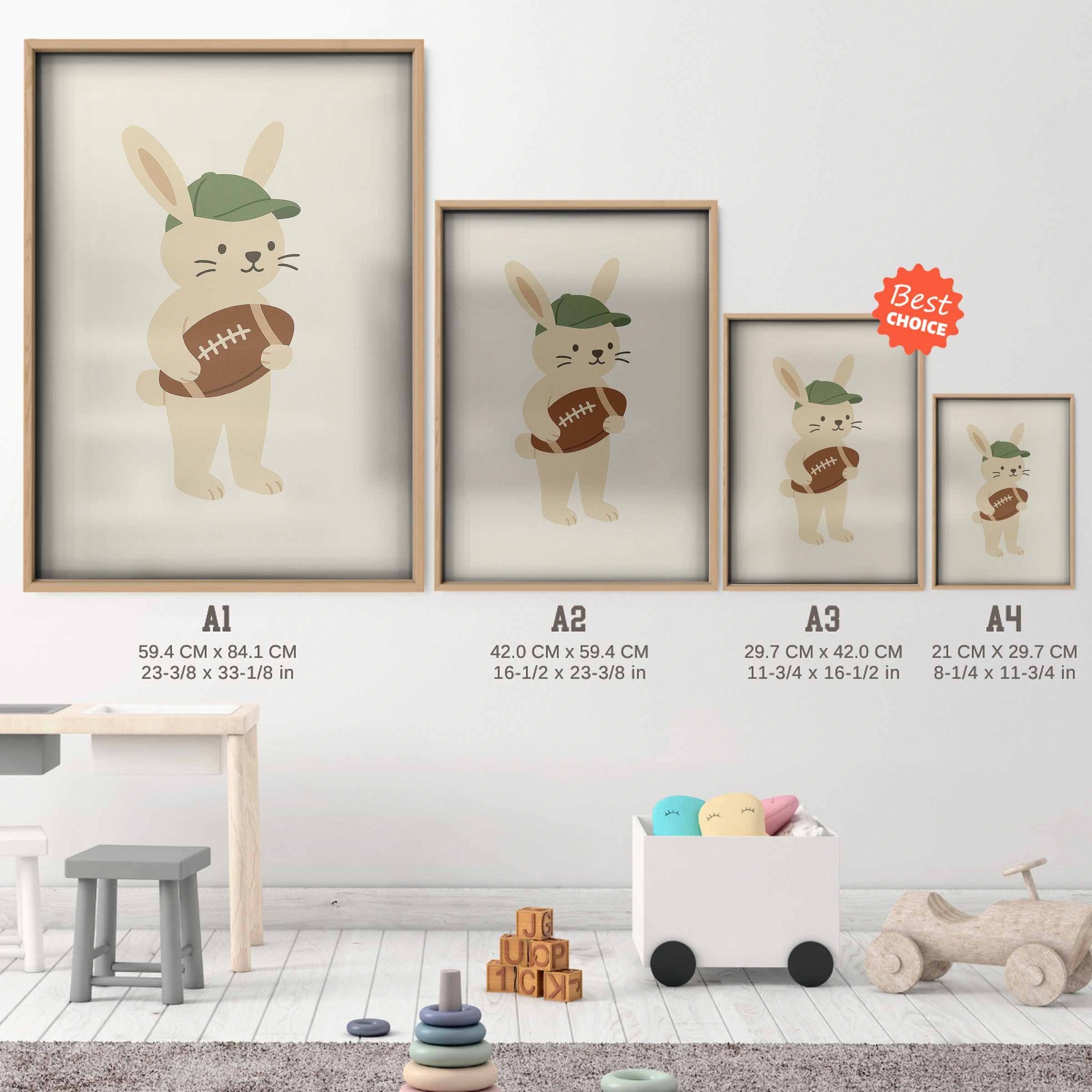 Rabbit with a Football Nursery Print - size guide A4 A3 A2 A1 nursery print