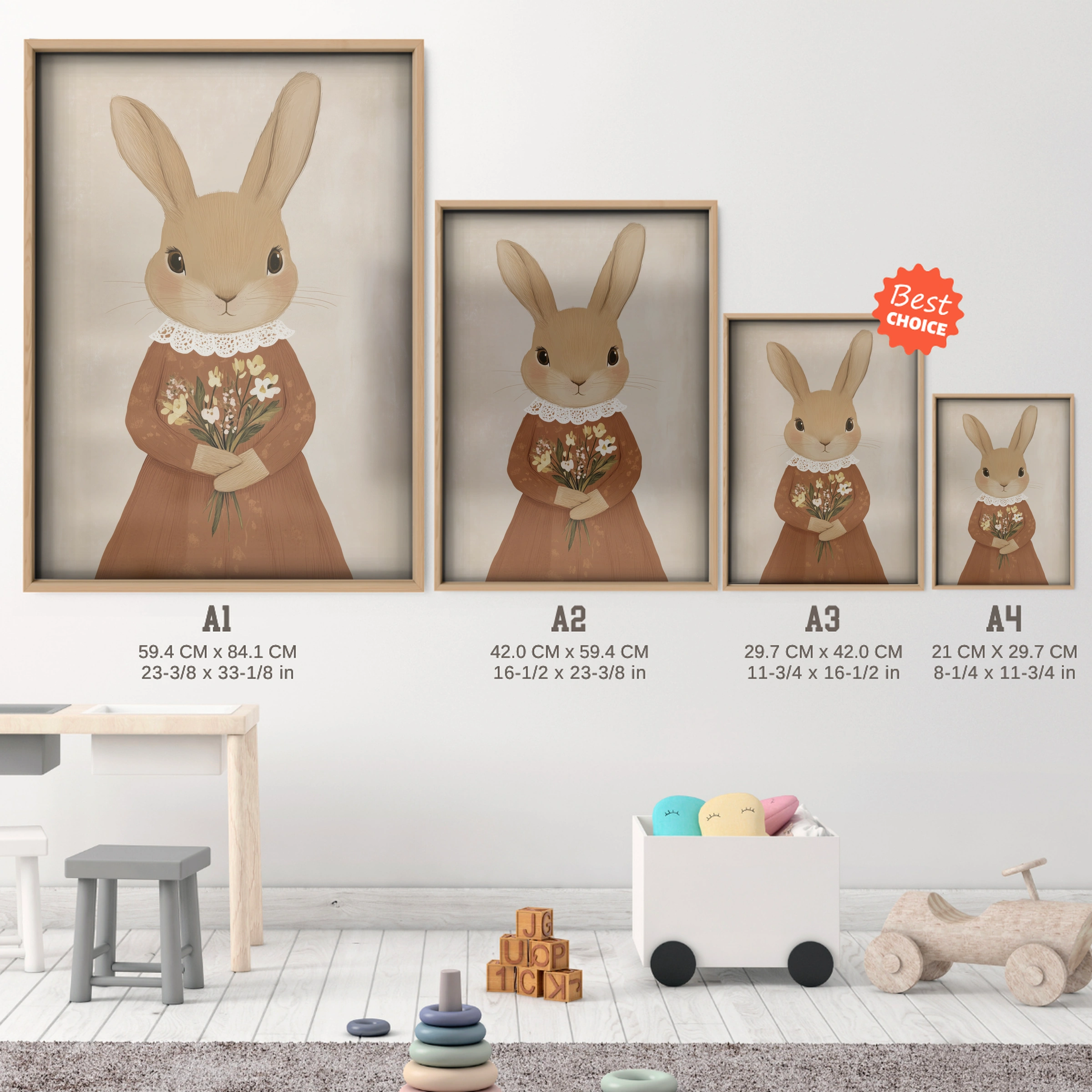 Rabbit with Flowers Nursery Print - size guide A4 A3 A2 A1 nursery print