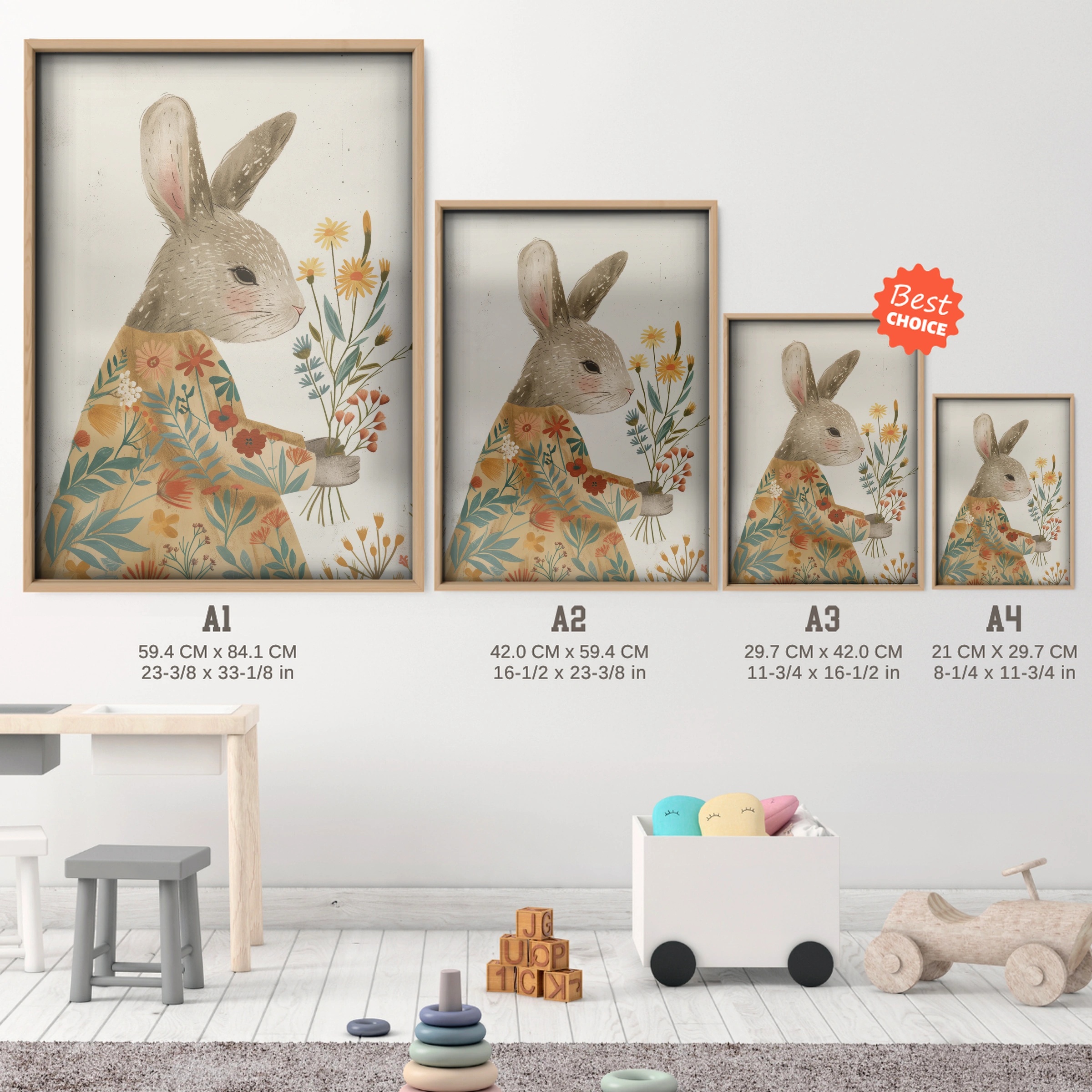 Rabbit with Wildflowers Nursery Print - size guide A4 A3 A2 A1 nursery print