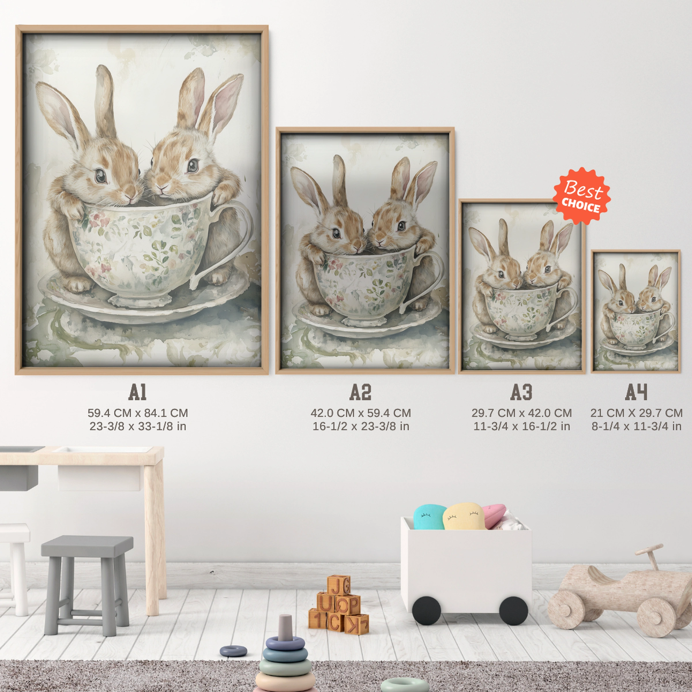 Rabbits in a Teacup Nursery Print - size guide A4 A3 A2 A1 nursery print