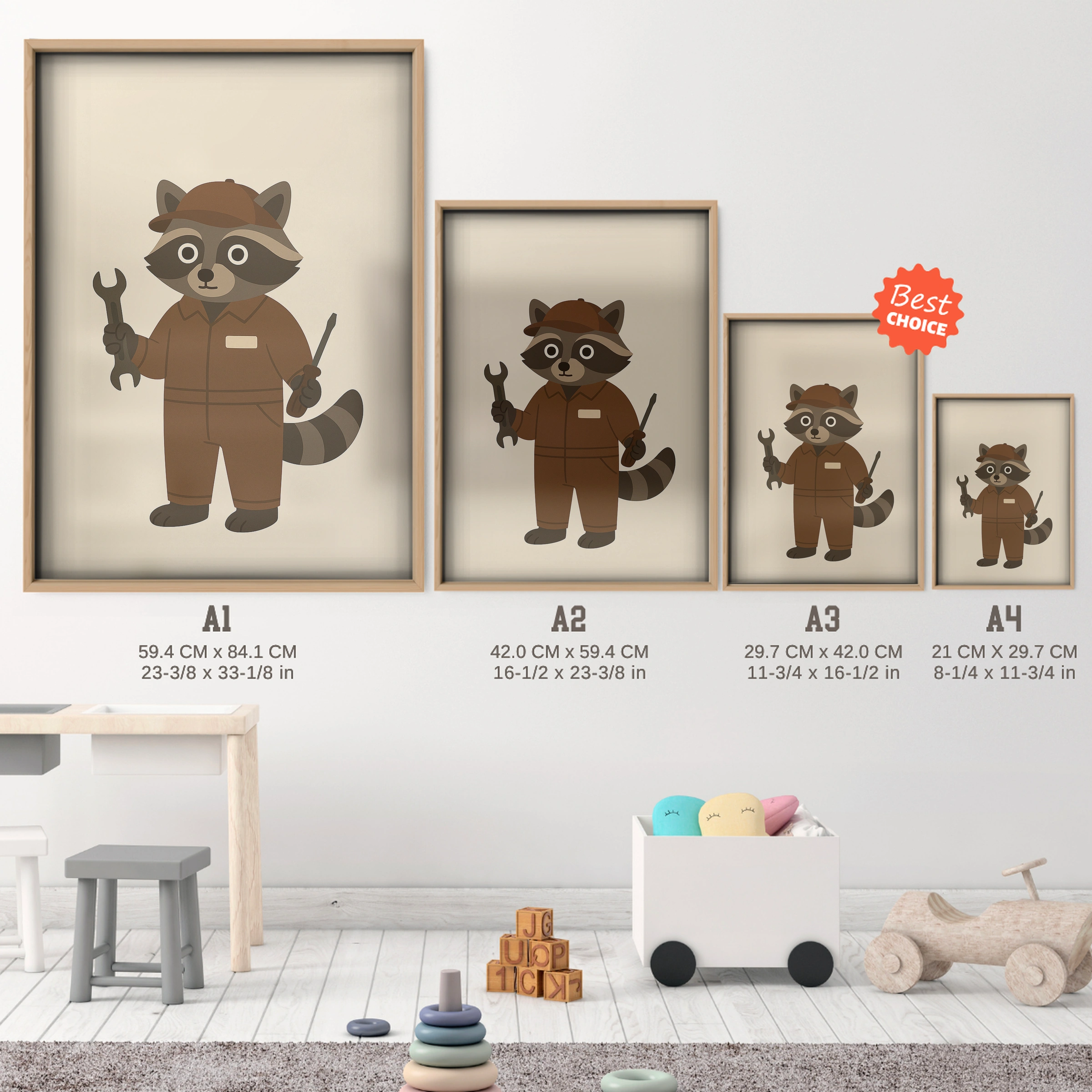 Raccoon at Work Nursery Print - size guide A4 A3 A2 A1 nursery print