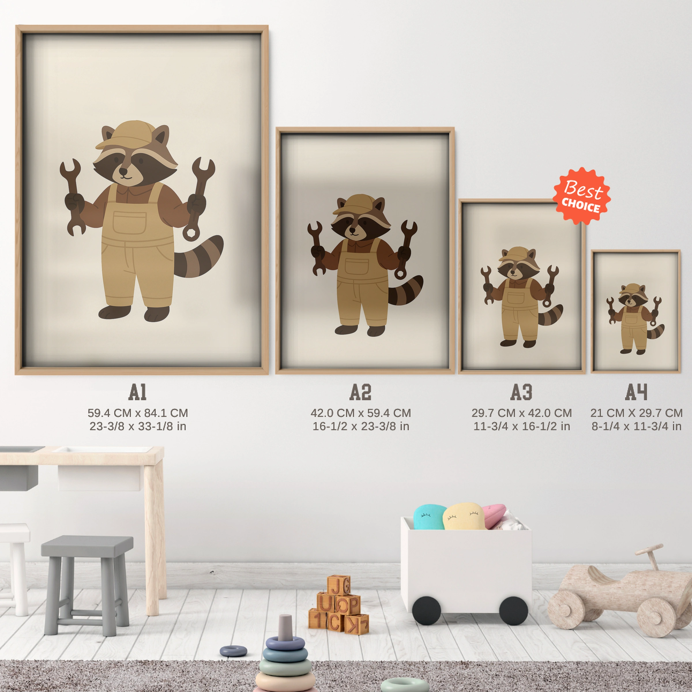 Raccoon Mechanic Nursery Print - size guide A4 A3 A2 A1 nursery print
