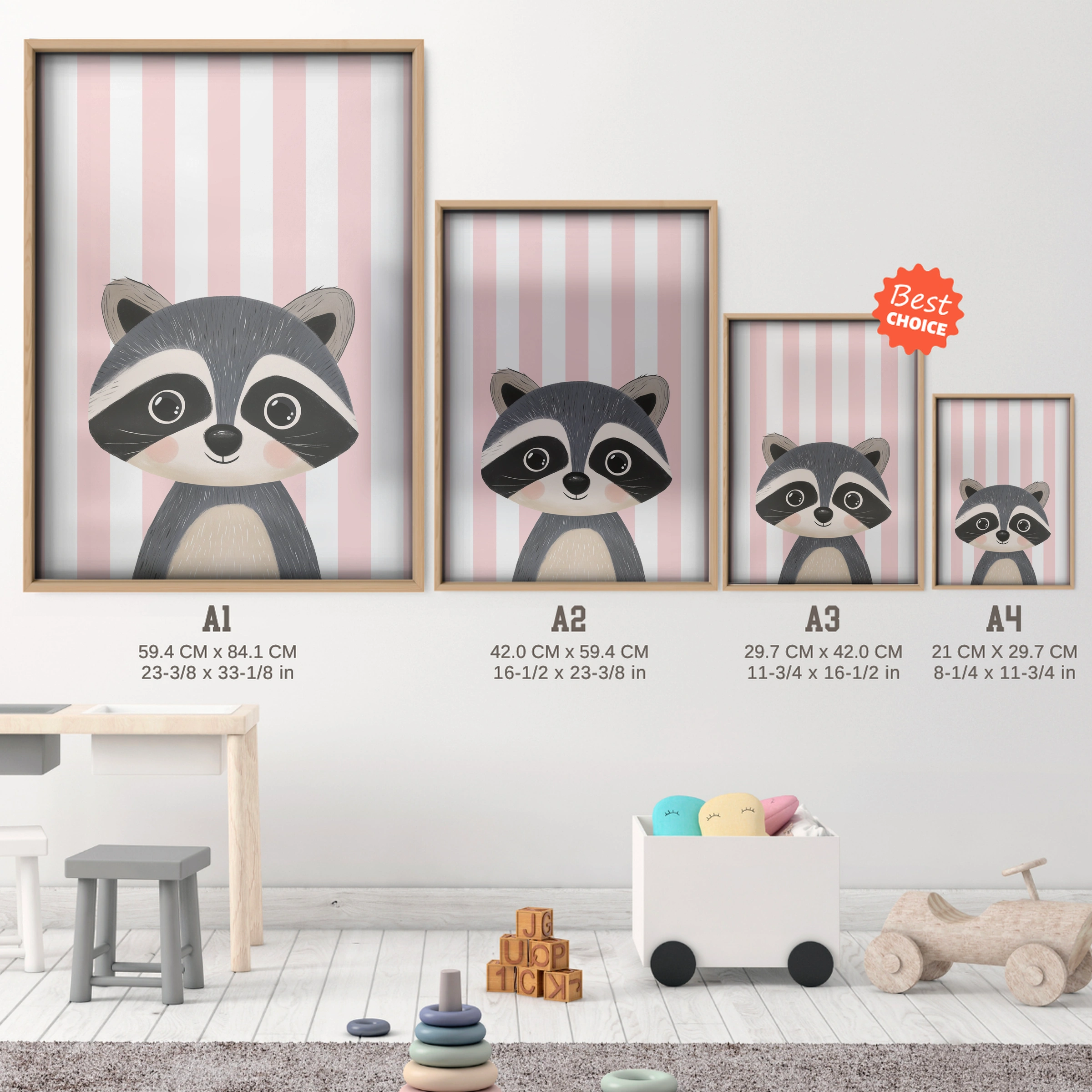 Raccoon Portrait Nursery Print - size guide A4 A3 A2 A1 nursery print