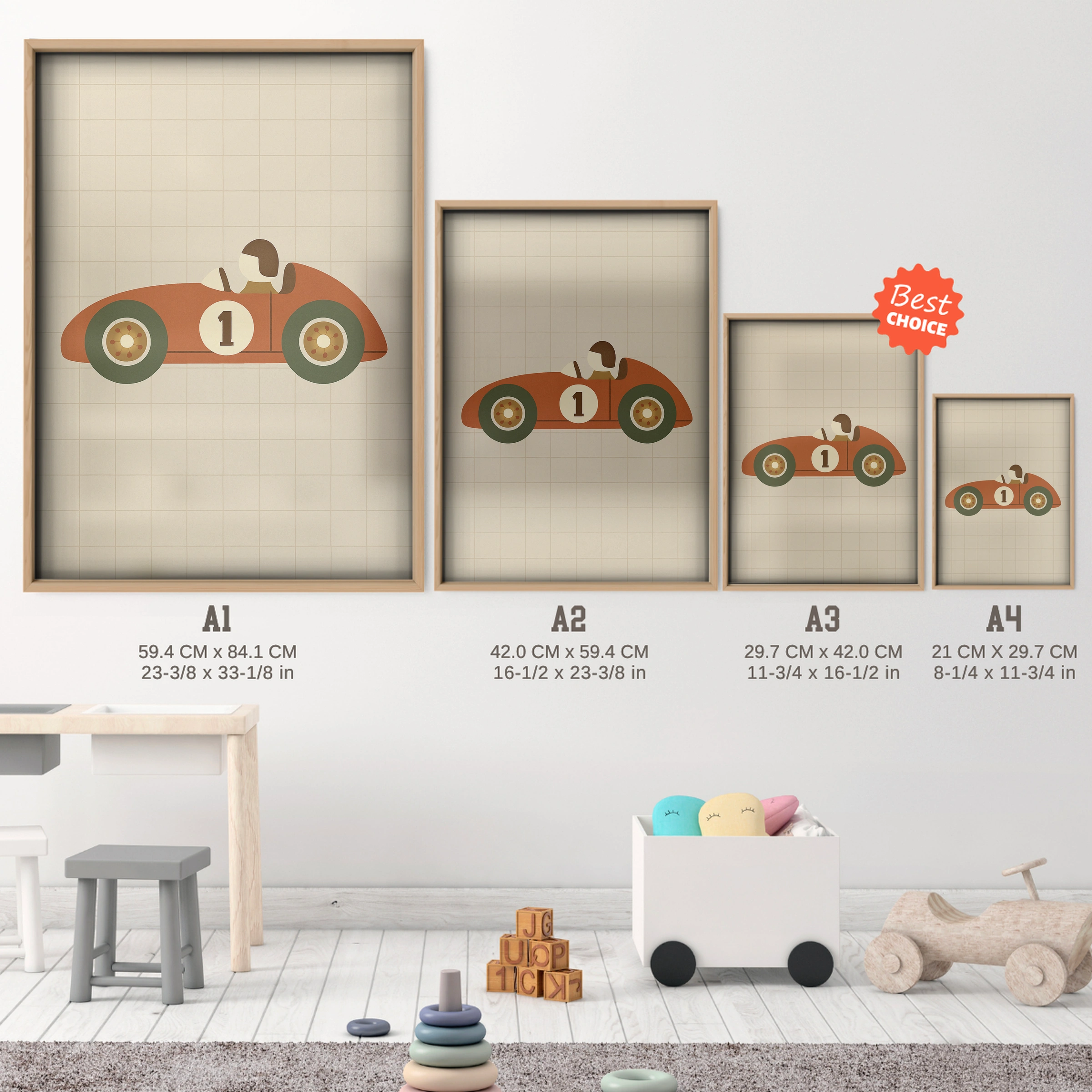 Race Car Driver Nursery Print - size guide A4 A3 A2 A1 nursery print