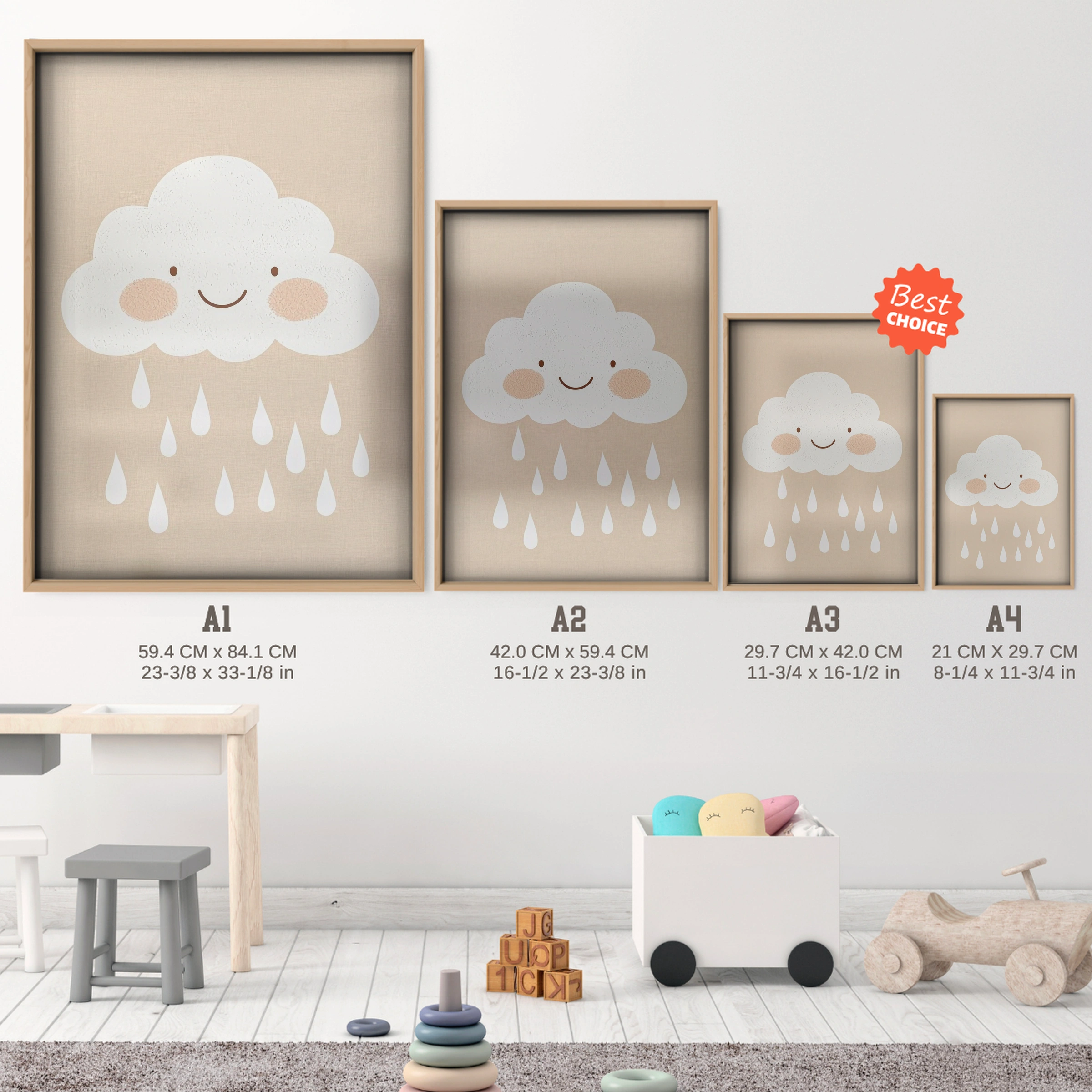 Rain Cloud Nursery Print - size guide A4 A3 A2 A1 nursery print