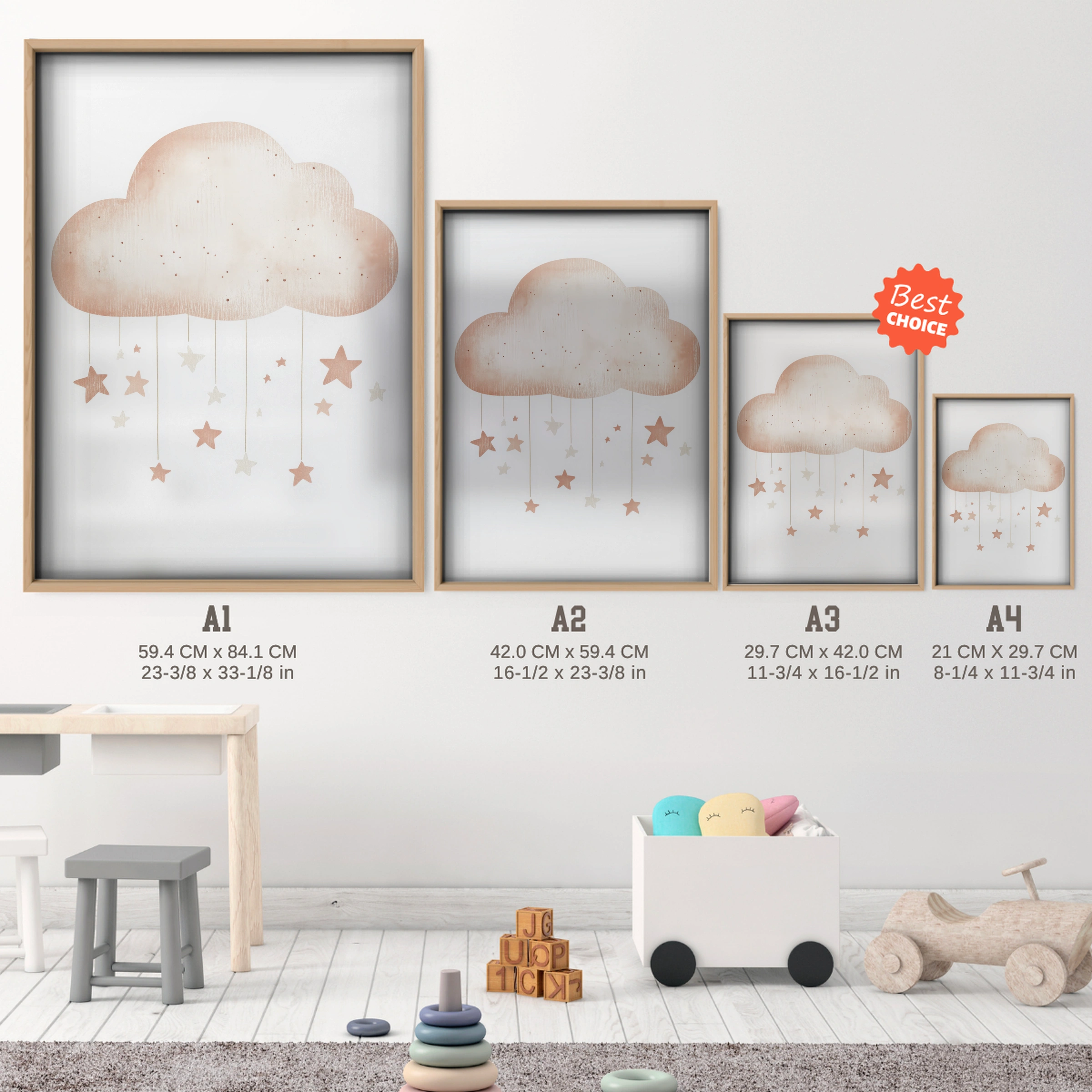 Rain Cloud Two Nursery Print - size guide A4 A3 A2 A1 nursery print