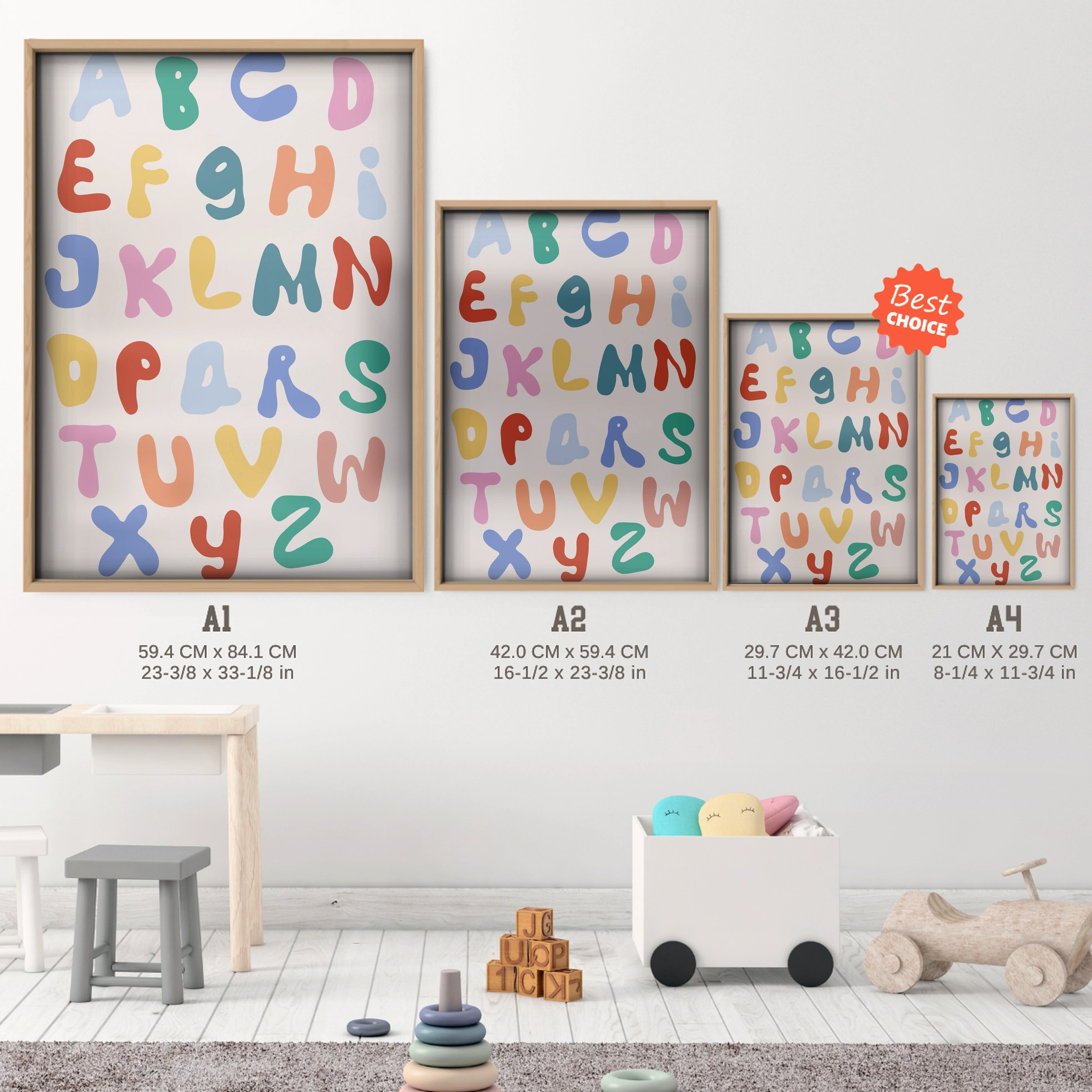 Rainbow Alphabet Nursery Print - size guide A4 A3 A2 A1 nursery print