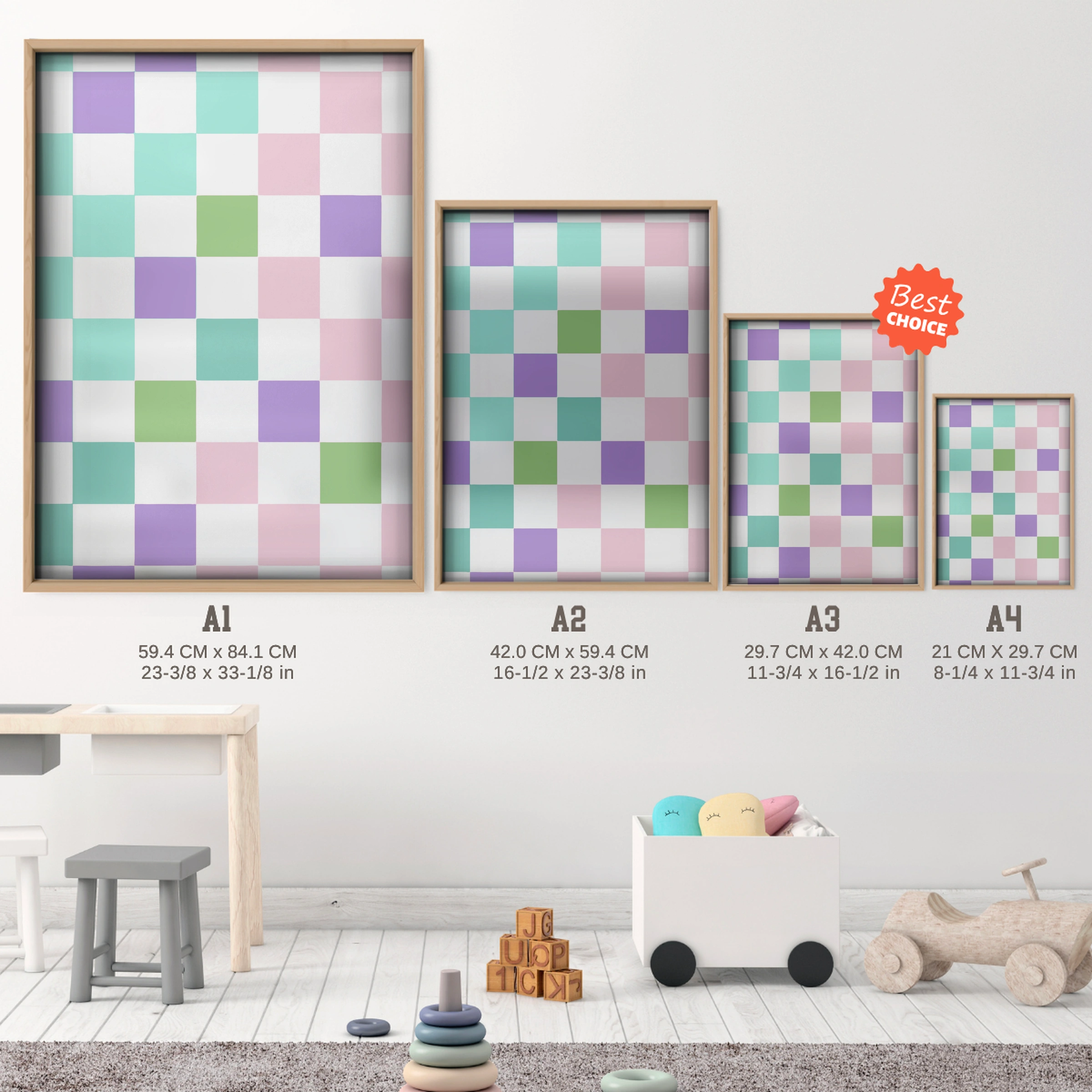 Rainbow Checkerboard Nursery Print - size guide A4 A3 A2 A1 nursery print