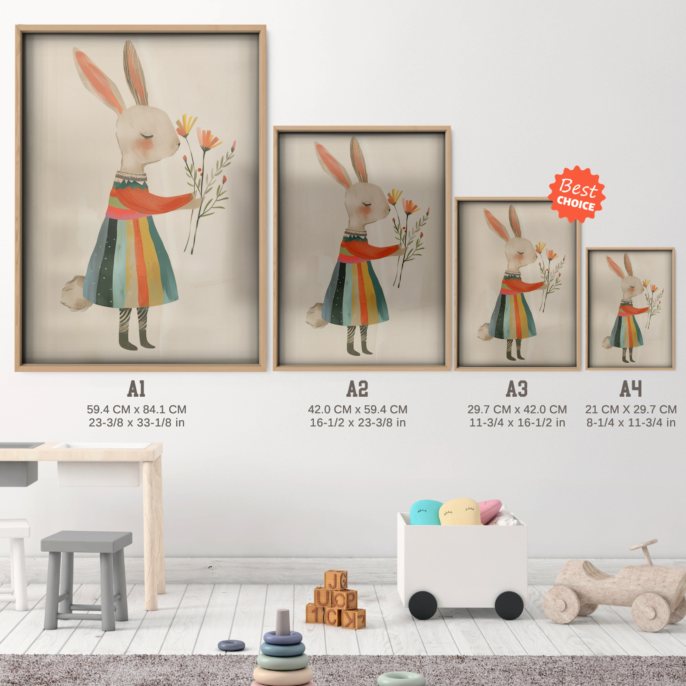 Rainbow Dress Rabbit Nursery Print - size guide A4 A3 A2 A1 nursery print