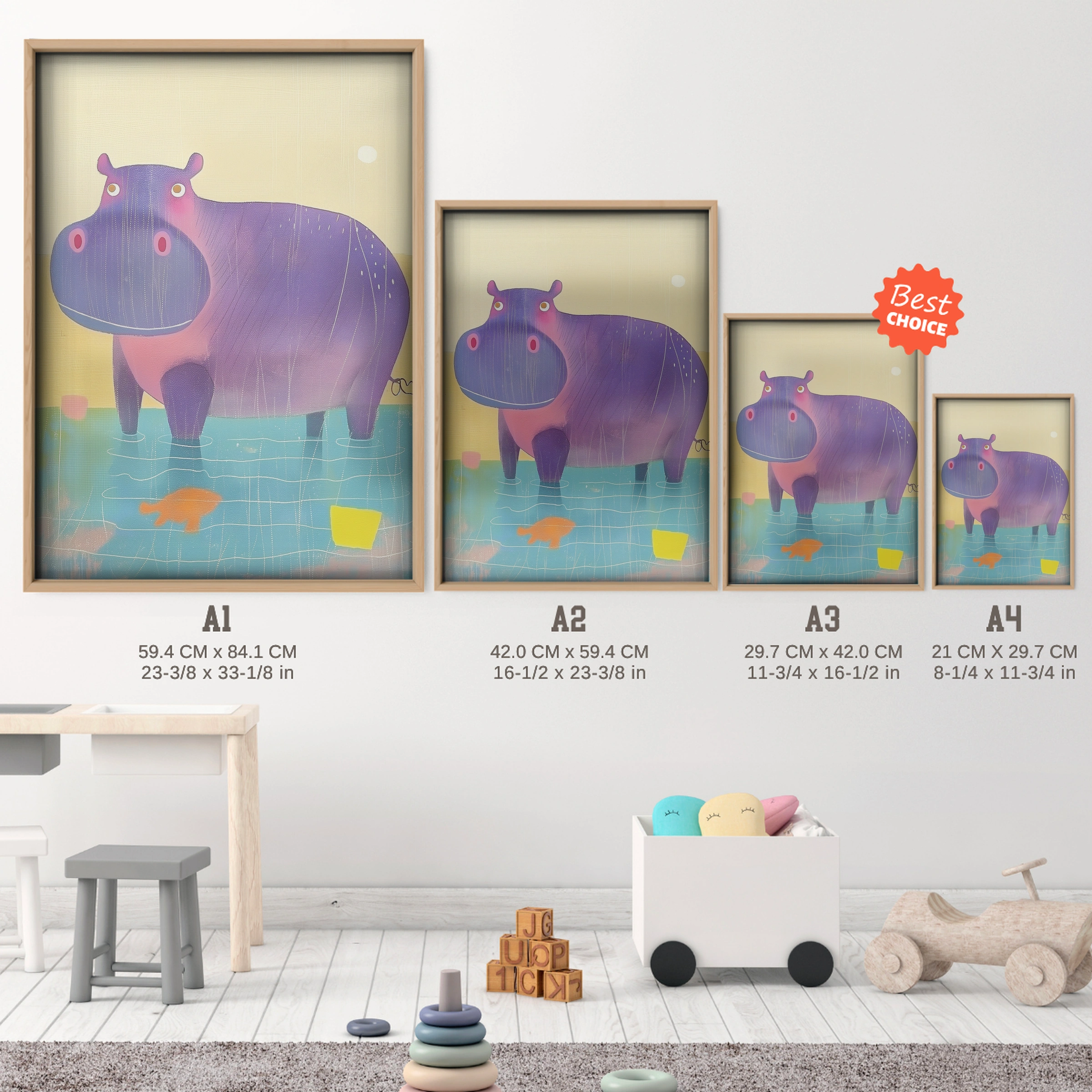 Rainbow Hippo Nursery Print - size guide A4 A3 A2 A1 nursery print